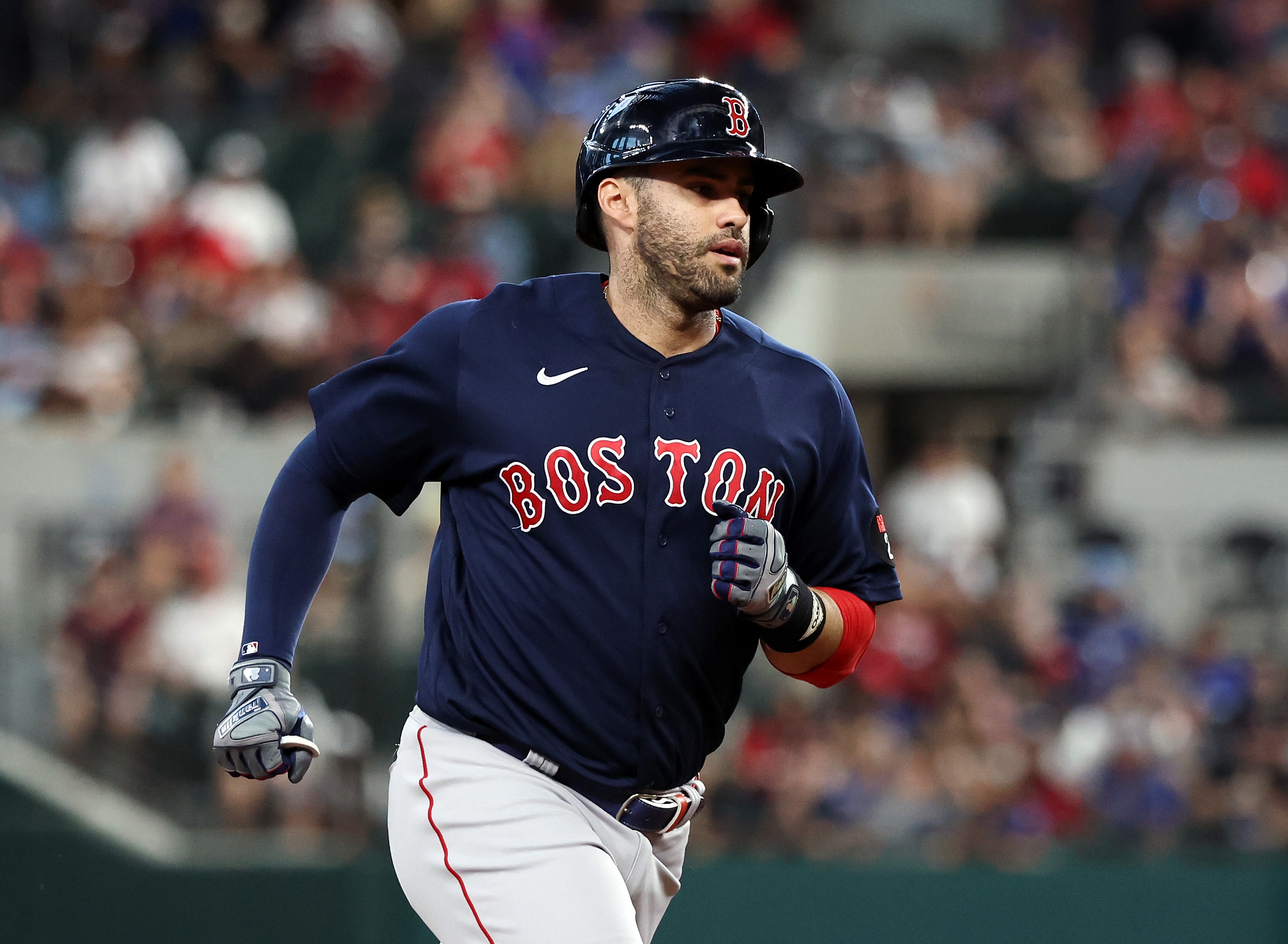 ARLINGTON, TEXAS - MAY 14: J.D. Martinez #28 of the Boston Red Sox runs the bases after a home run against the Texas Rangers at Globe Life Field on May 14, 2022 in Arlington, Texas. (Photo by Richard Rodriguez/Getty Images)