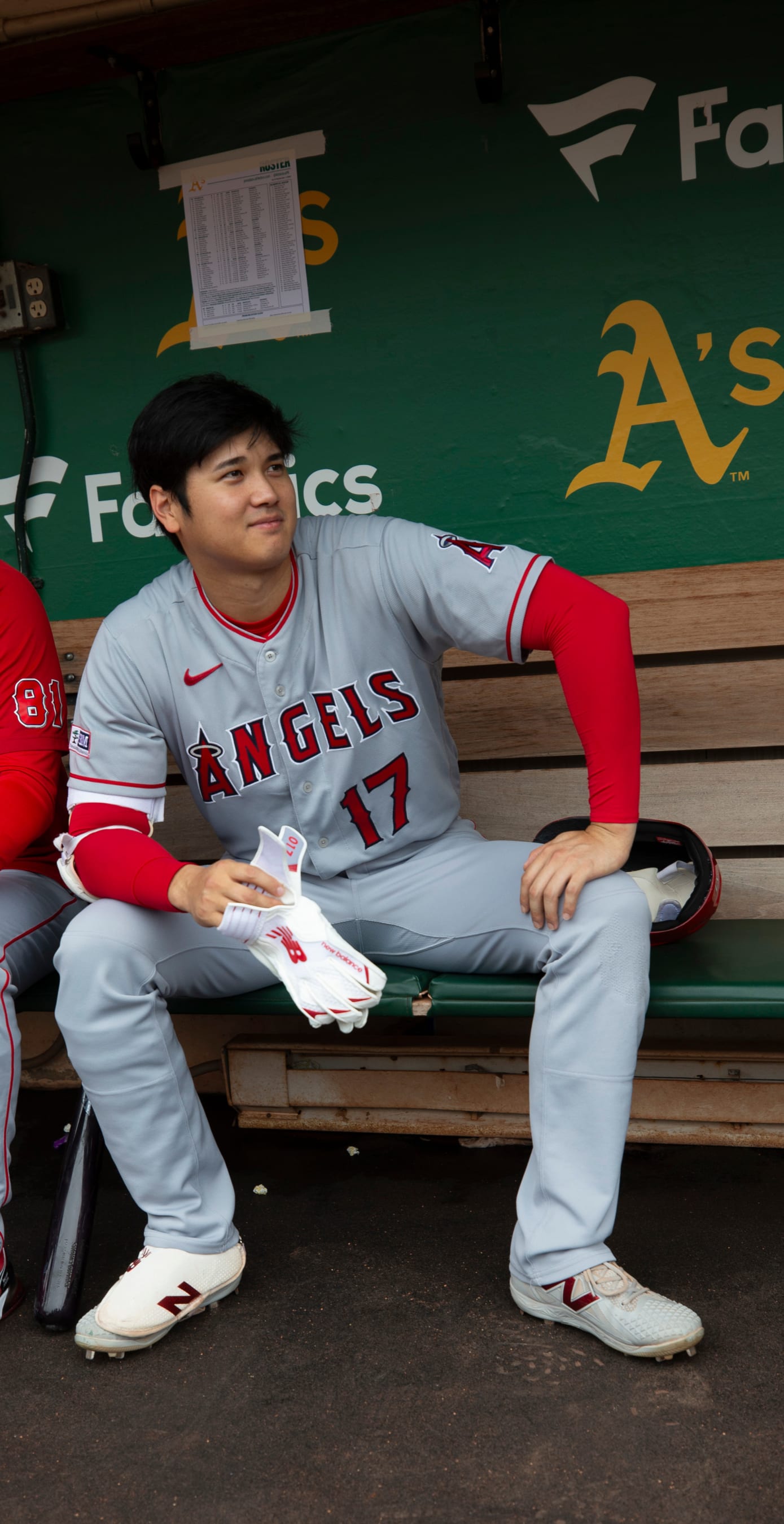 OAKLAND, CA - SEPTEMBER 2: Shohei Ohtani #17 of the Los Angeles Angels in the dugout before the game against the Oakland Athletics at RingCentral Coliseum on September 2, 2023 in Oakland, California. The Athletics defeated the Angels 2-1. (Photo by Michael Zagaris/Oakland Athletics/Getty Images)