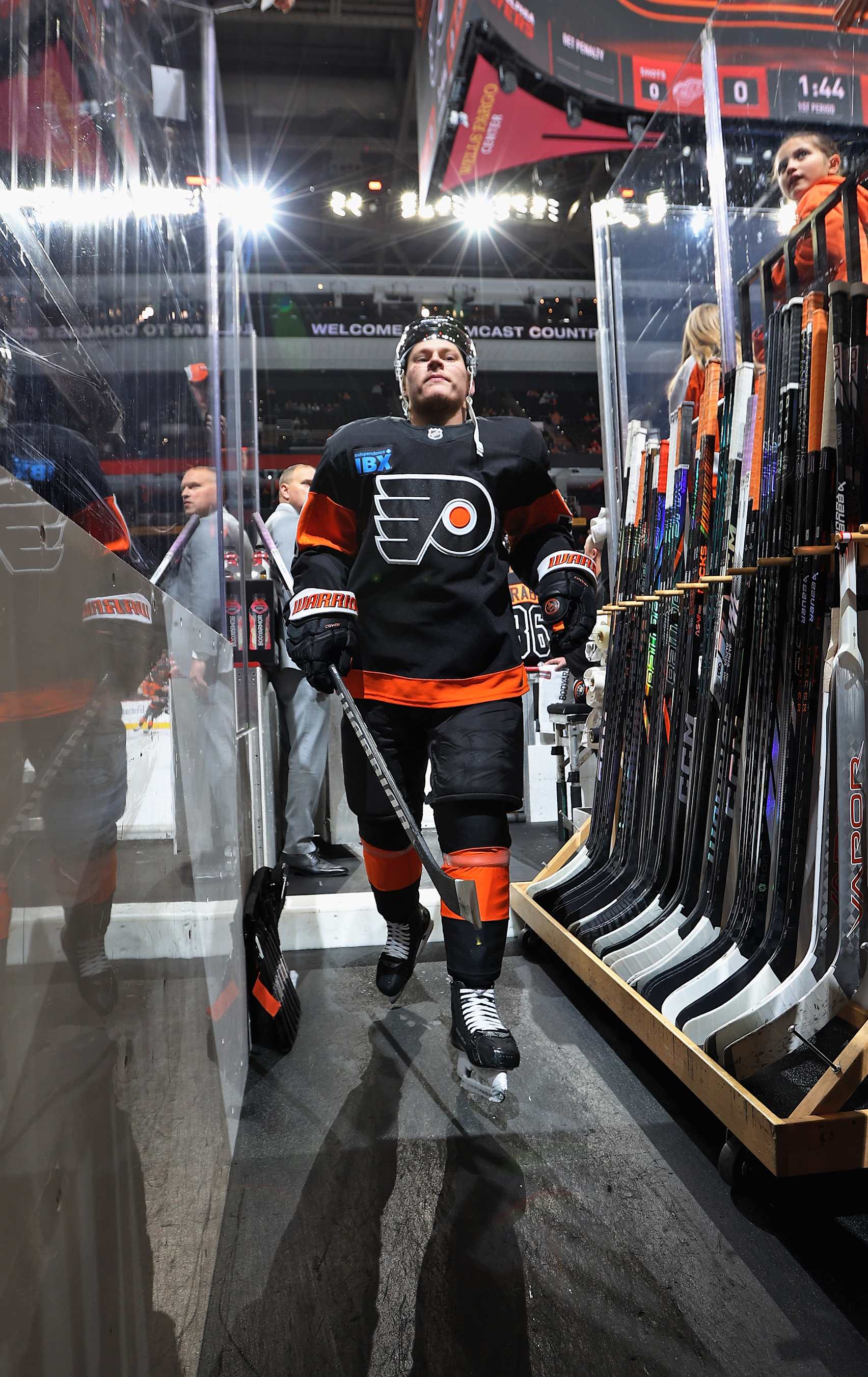 PHILADELPHIA, PENNSYLVANIA - DECEMBER 12: Matvei Michkov #39 of the Philadelphia Flyers exits the ice surface into the hallway after warmups prior to his game against the Detroit Red Wings at the Wells Fargo Center on December 12, 2024 in Philadelphia, Pennsylvania.  (Photo by Len Redkoles/NHLI via Getty Images)