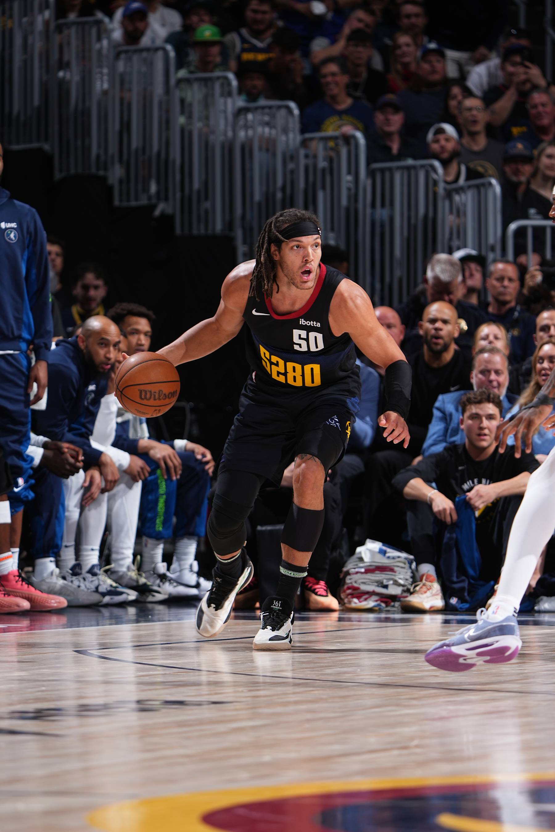 DENVER, CO - MAY 14: Aaron Gordon #50 of the Denver Nuggets handles the ball during the game against the Minnesota Timberwolves during Round 2 Game 5 of the of the 2024 NBA Playoffs on May 14, 2024 at the Ball Arena in Denver, Colorado. NOTE TO USER: User expressly acknowledges and agrees that, by downloading and/or using this Photograph, user is consenting to the terms and conditions of the Getty Images License Agreement. Mandatory Copyright Notice: Copyright 2024 NBAE (Photo by Garrett Ellwood/NBAE via Getty Images)