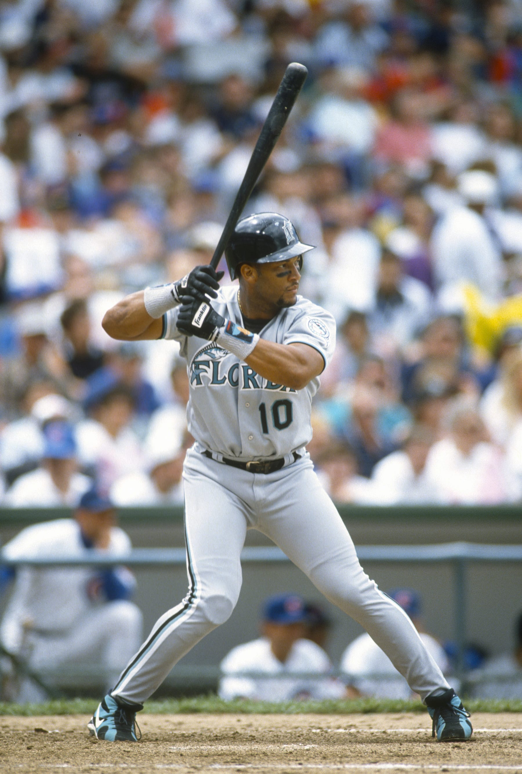 CHICAGO, IL - CIRCA 1994: Gary Sheffield #10 of the Florida Marlins bats against the Chicago Cubs during an Major League Baseball game circa 1994 at Wrigley Field in Chicago, Illinois. Sheffield played for the Marlins from 1993-98. (Photo by Focus on Sport/Getty Images) 