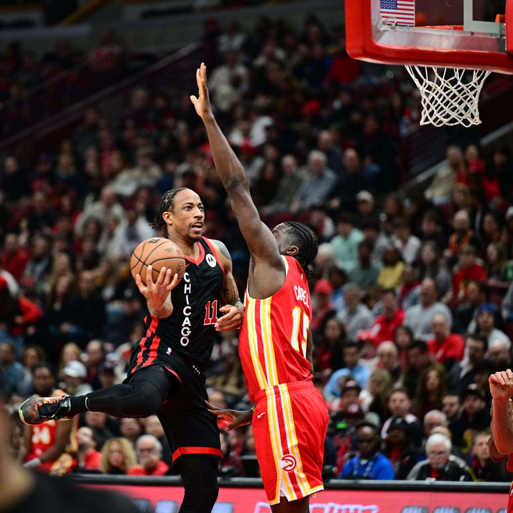 CHICAGO, IL - APRIL 1: DeMar DeRozan #11 of the Chicago Bulls drives to the basket during the game against the Atlanta Hawks on April 1, 2024 at United Center in Chicago, Illinois. NOTE TO USER: User expressly acknowledges and agrees that, by downloading and or using this photograph, User is consenting to the terms and conditions of the Getty Images License Agreement. Mandatory Copyright Notice: Copyright 2024 NBAE (Photo by Adam Hagy/NBAE via Getty Images)