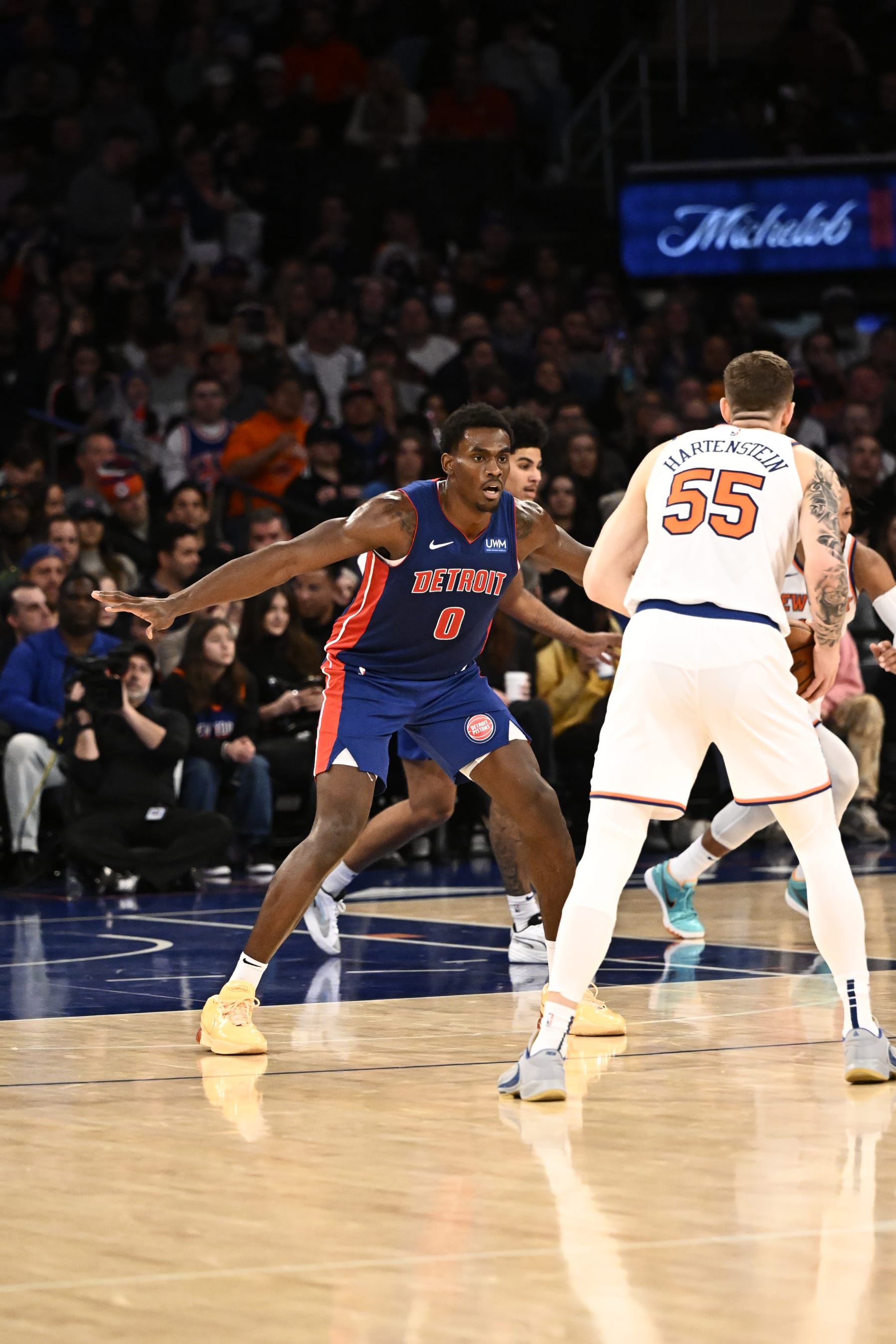 NEW YORK, NY - NOVEMBER 30: Jalen Duren #0 of the Detroit Pistons plays defense against the New York Knicks on November 30, 2023 at Madison Square Garden in New York City, New York.  NOTE TO USER: User expressly acknowledges and agrees that, by downloading and or using this photograph, User is consenting to the terms and conditions of the Getty Images License Agreement. Mandatory Copyright Notice: Copyright 2023 NBAE  (Photo by David Dow/NBAE via Getty Images)