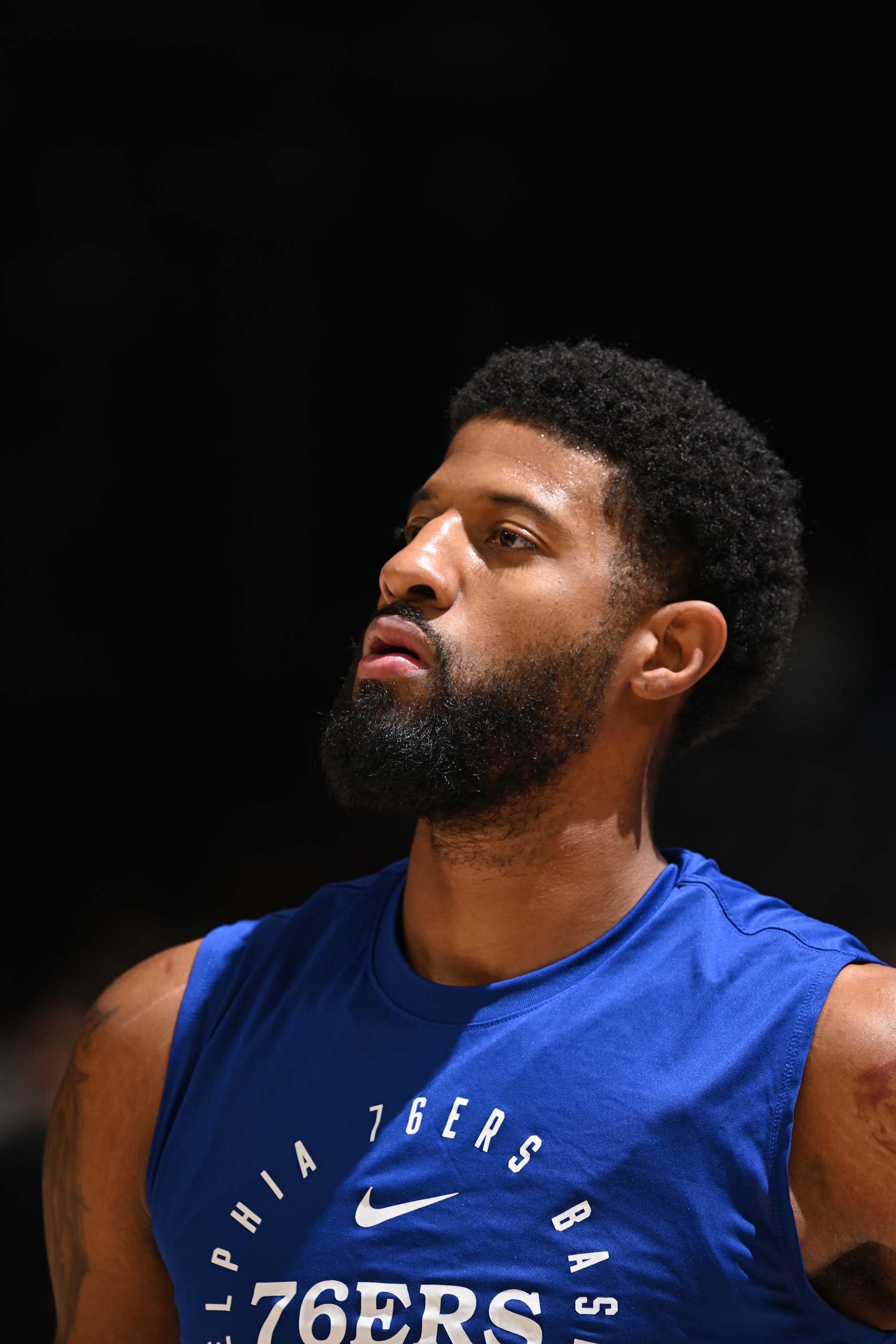 MEMPHIS, TN - NOVEMBER 20: Paul George #8 of the Philadelphia 76ers looks on before the game against the Memphis Grizzlies on November 20, 2024 at FedExForum in Memphis, Tennessee. NOTE TO USER: User expressly acknowledges and agrees that, by downloading and or using this photograph, User is consenting to the terms and conditions of the Getty Images License Agreement. Mandatory Copyright Notice: Copyright 2024 NBAE (Photo by Grant Burke/NBAE via Getty Images)