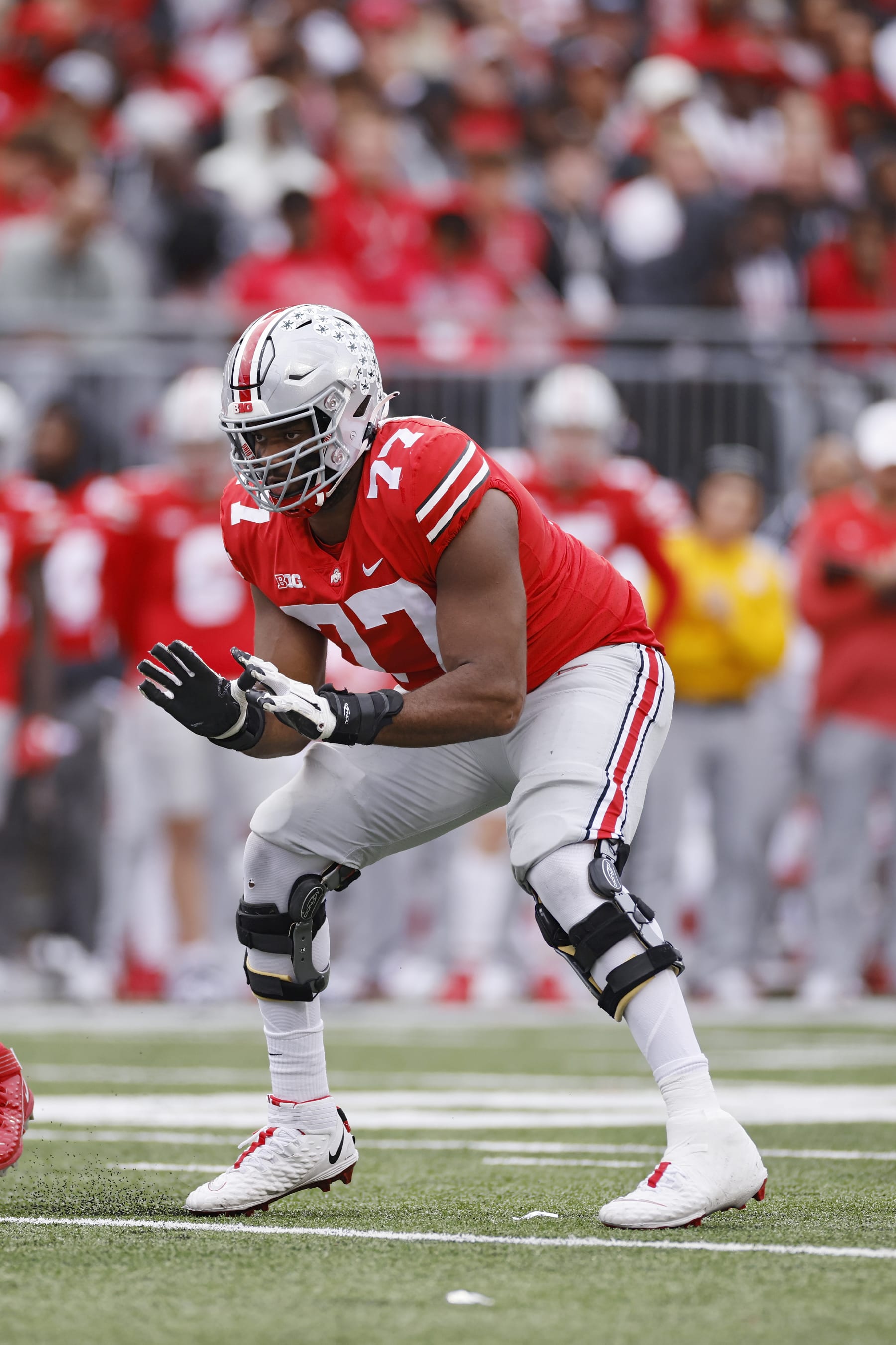 COLUMBUS, OH - OCTOBER 01: Ohio State Buckeyes offensive lineman Paris Johnson Jr. (77) blocks during a college football game against the Rutgers Scarlet Knights on October 1, 2022 at Ohio Stadium in Columbus, Ohio. (Photo by Joe Robbins/Icon Sportswire via Getty Images)