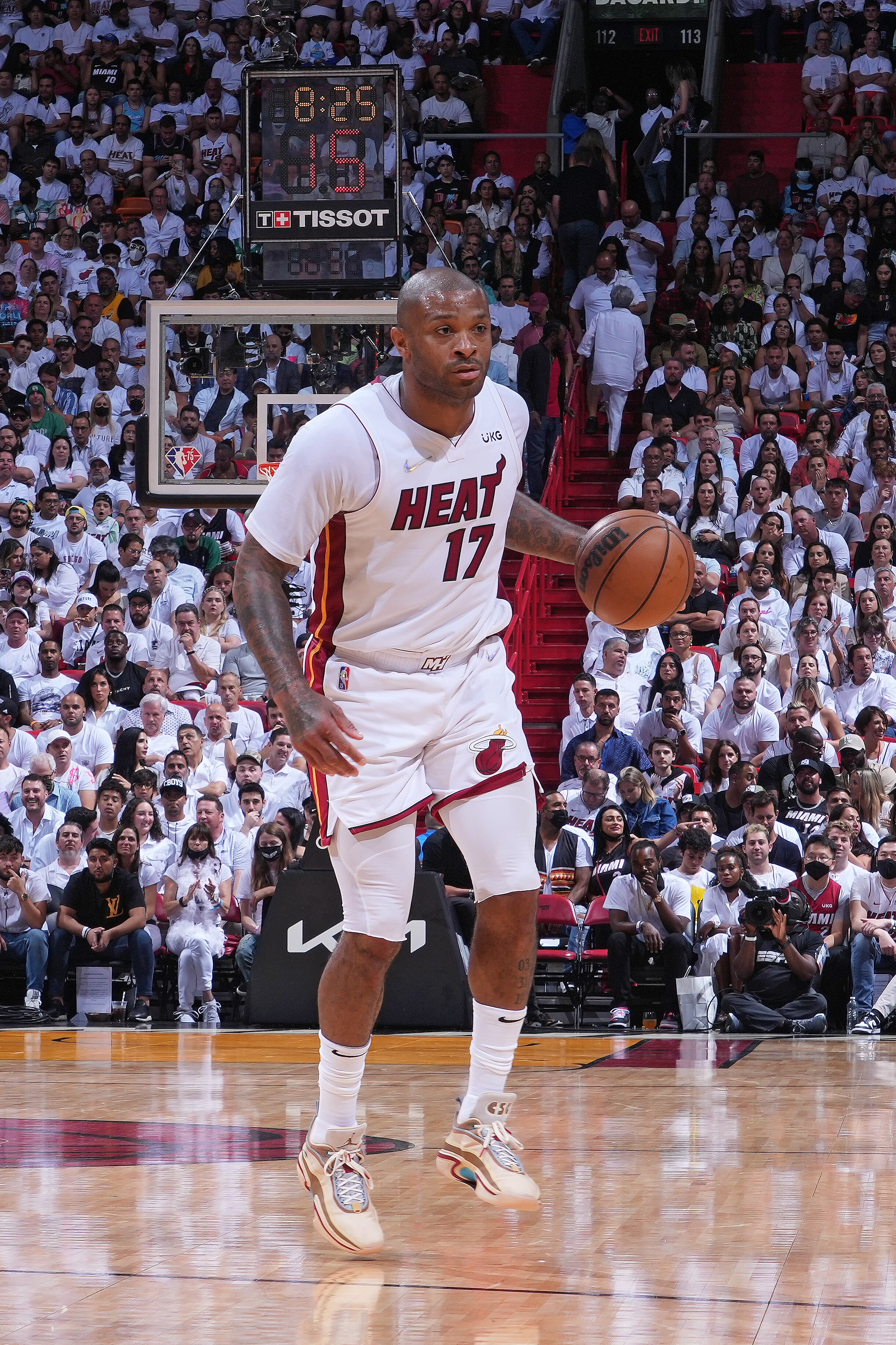 MIAMI, FL - MAY 19: P.J. Tucker #17 of the Miami Heat handles the ball against the Boston Celtics during Game 2 of the 2022 NBA Playoffs Eastern Conference Finals on May 19, 2022 at The FTX Arena in Miami, Florida. NOTE TO USER: User expressly acknowledges and agrees that, by downloading and/or using this Photograph, user is consenting to the terms and conditions of the Getty Images License Agreement. Mandatory Copyright Notice: Copyright 2022 NBAE (Photo by Jesse D. Garrabrant/NBAE via Getty Images)