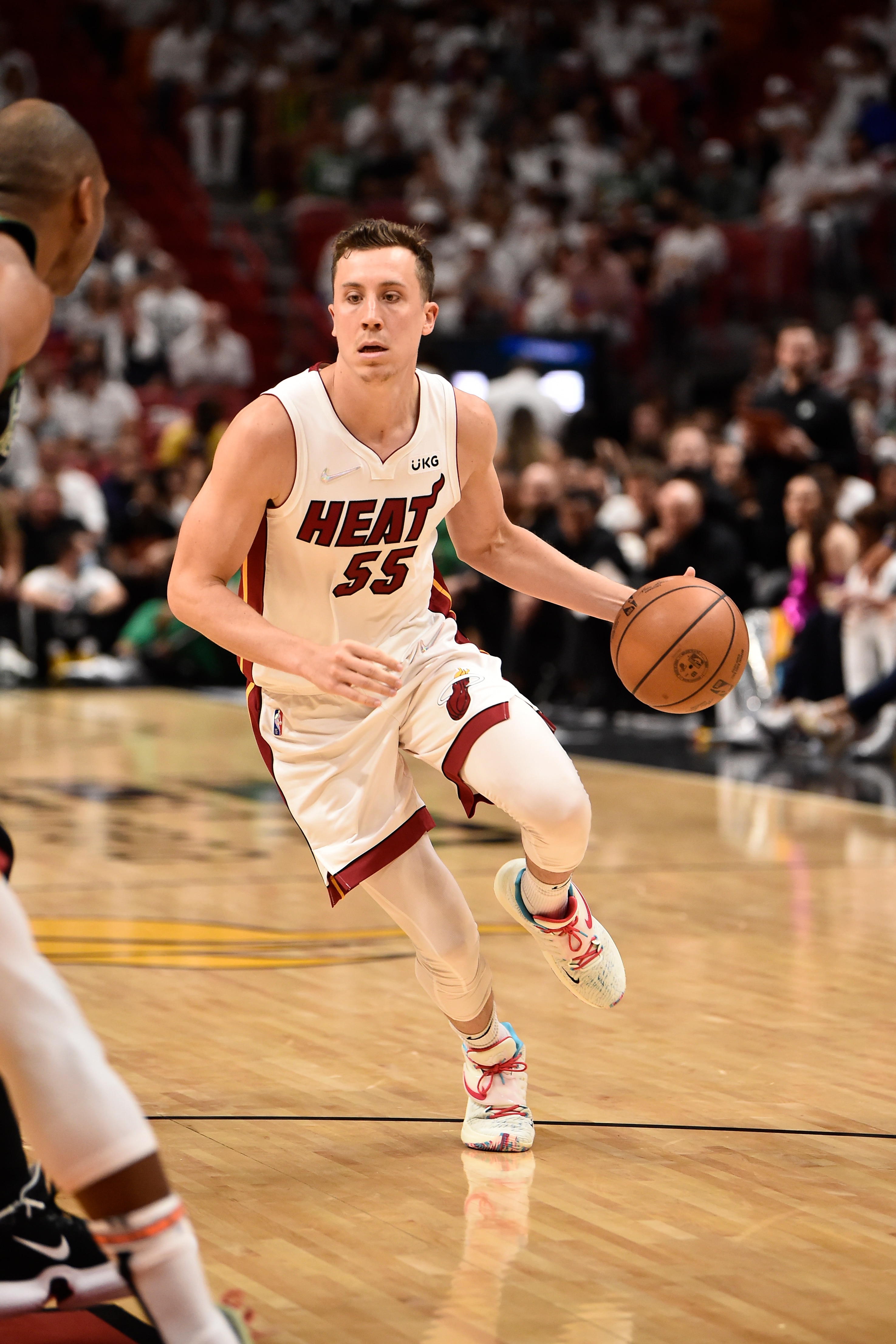 MIAMI, FL - MAY 25: Duncan Robinson #55 of the Miami Heat drives to the basket during Game 5 of the 2022 NBA Playoffs Eastern Conference Finals on May 25, 2022 at FTX Arena in Miami, Florida. NOTE TO USER: User expressly acknowledges and agrees that, by downloading and or using this Photograph, user is consenting to the terms and conditions of the Getty Images License Agreement. Mandatory Copyright Notice: Copyright 2022 NBAE (Photo by David Dow/NBAE via Getty Images)