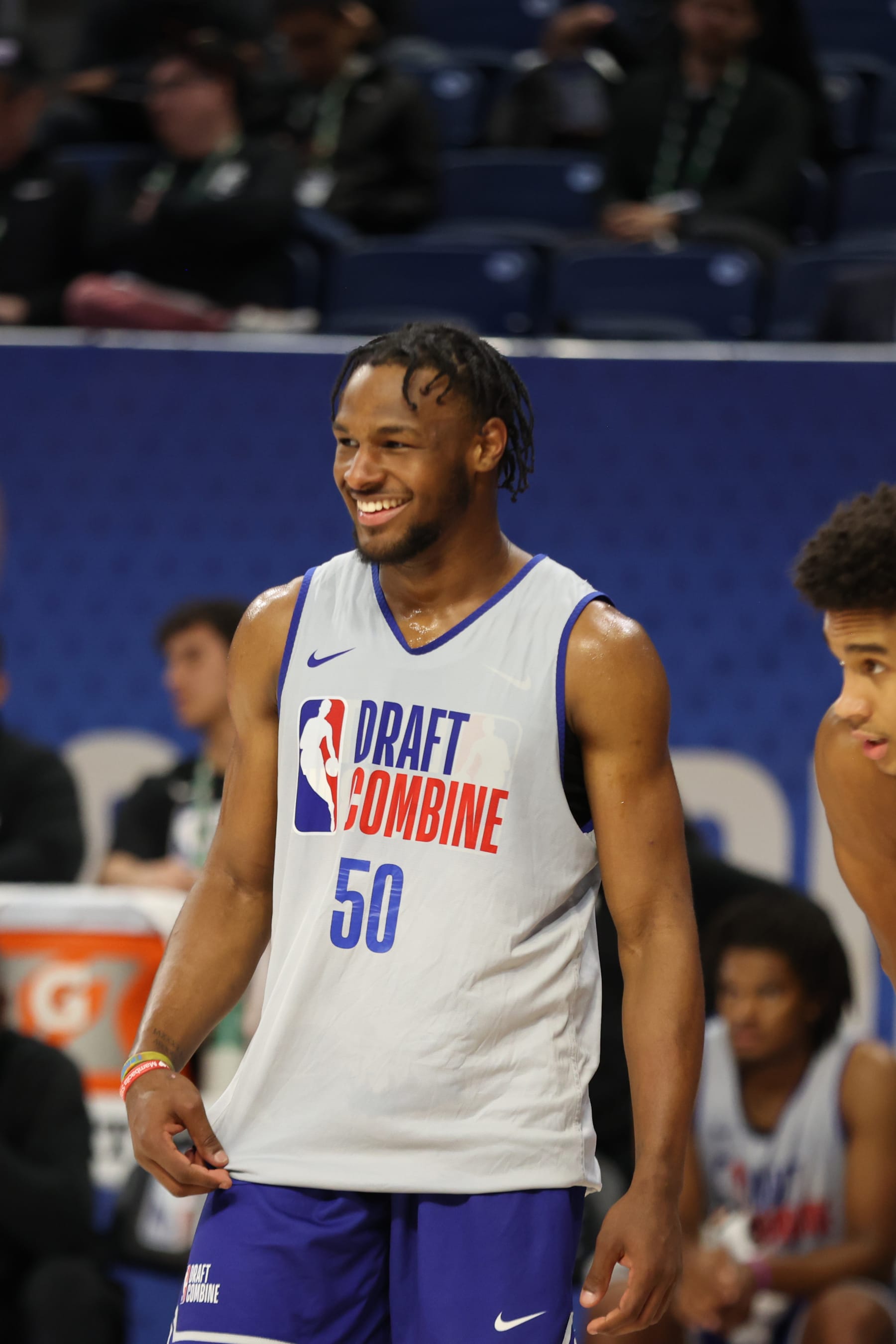 CHICAGO, IL - MAY 15: Bronny James smiles during the 2024 NBA Combine on May 15, 2024 at Wintrust Arena in Chicago, Illinois. NOTE TO USER: User expressly acknowledges and agrees that, by downloading and or using this photograph, User is consenting to the terms and conditions of the Getty Images License Agreement. Mandatory Copyright Notice: Copyright 2024 NBAE (Photo by Jeff Haynes/NBAE via Getty Images)