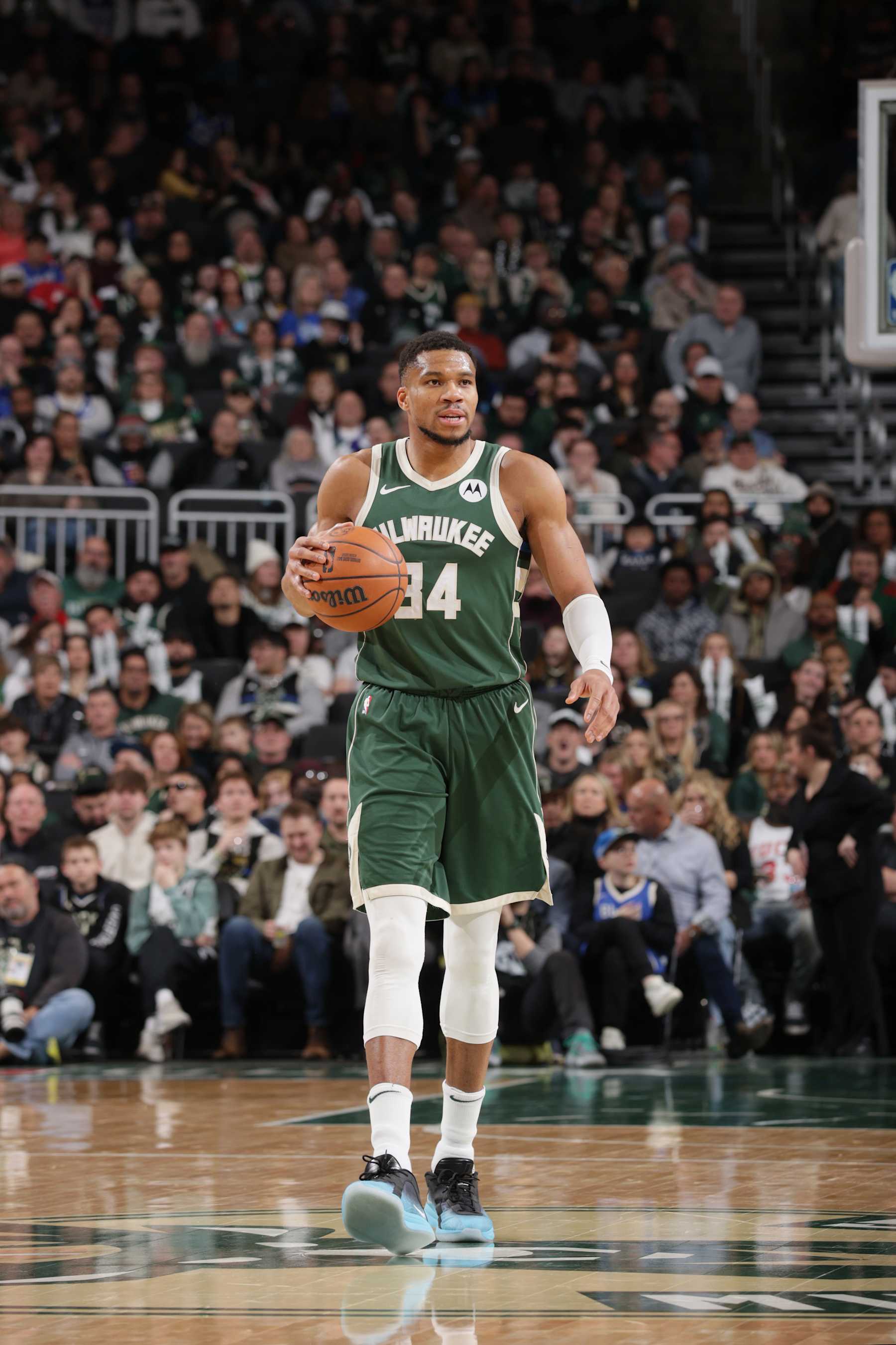 MILWAUKEE, WI - JANUARY 23: Giannis Antetokounmpo #34 of the Milwaukee Bucks dribbles the ball during the game against the Miami Heat on January 23, 2025 at Fiserv Forum Center in Milwaukee, Wisconsin. NOTE TO USER: User expressly acknowledges and agrees that, by downloading and or using this Photograph, user is consenting to the terms and conditions of the Getty Images License Agreement. Mandatory Copyright Notice: Copyright 2025 NBAE (Photo by Gary Dineen/NBAE via Getty Images).