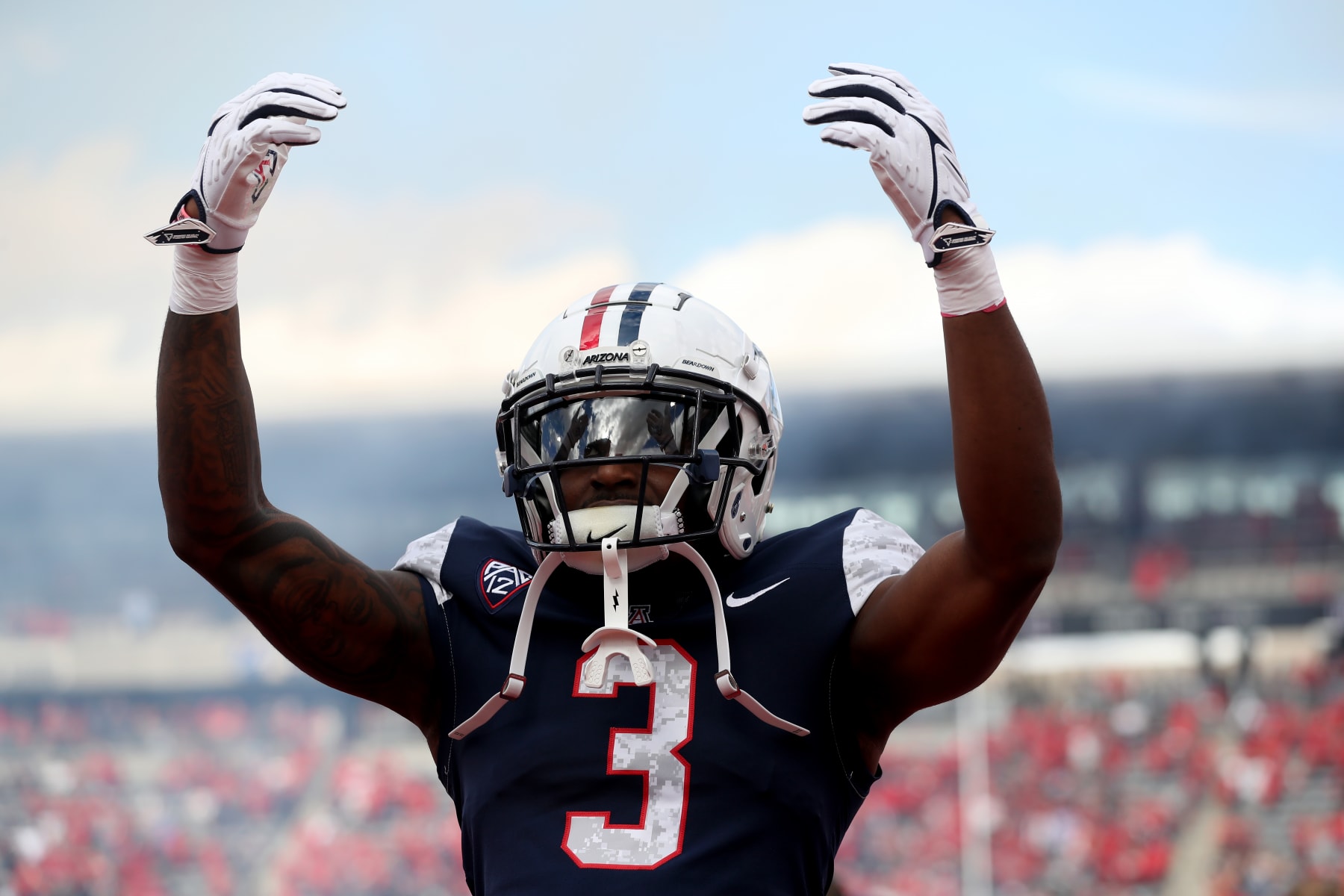 TUCSON, AZ - NOVEMBER 18: Arizona Wildcats running back Jonah Coleman #3 prior to a football game between the Utah Utes and the University of Arizona Wildcats on November 18, 2023 at Arizona Stadium in Tucson, AZ. (Photo by Christopher Hook/Icon Sportswire via Getty Images)