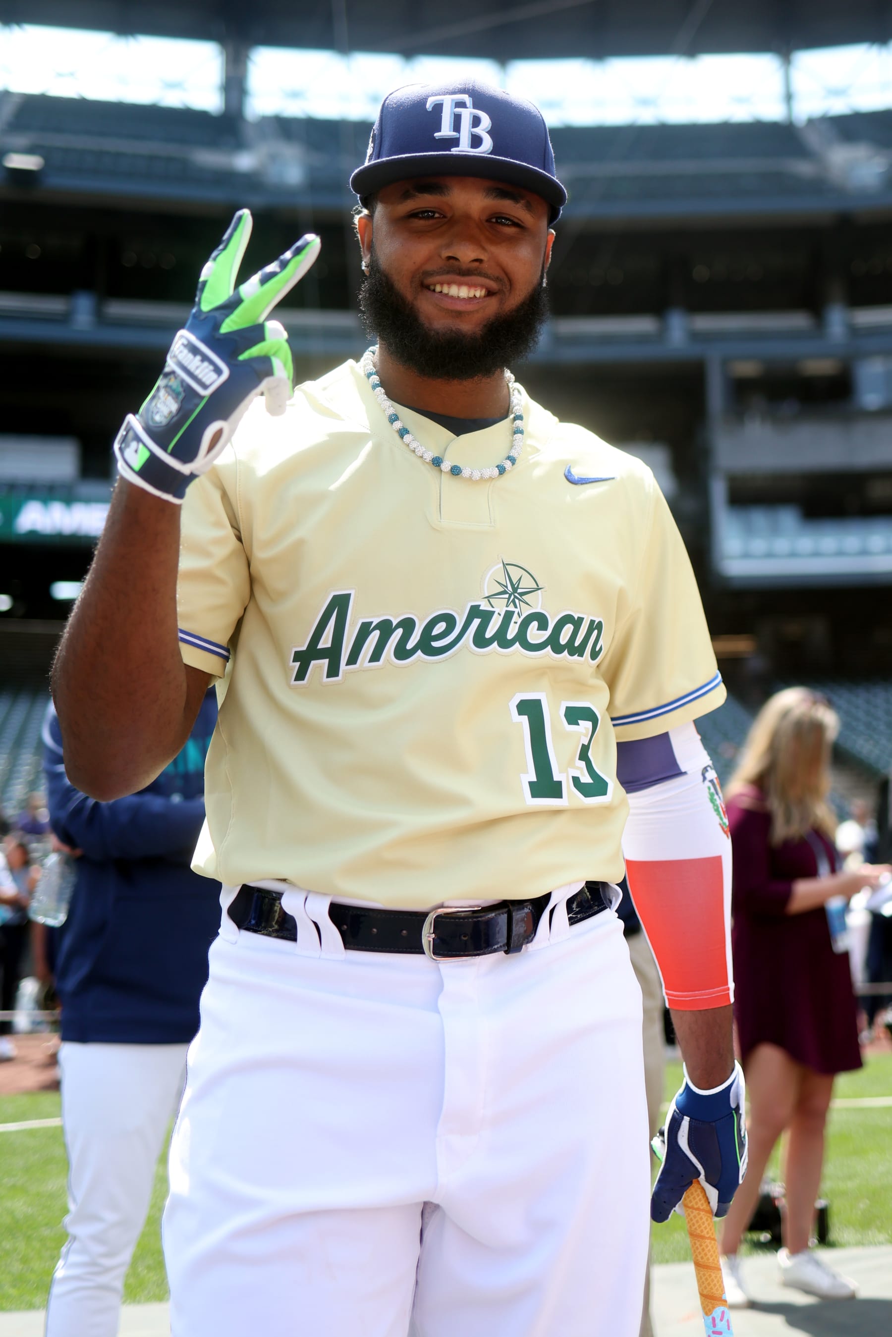 SEATTLE, WA - JULY 08:  Junior Caminero #13 of the Tampa Bay Rays looks on during batting practice prior to the SiriusXM All-Star Futures Game at T-Mobile Park on Saturday, July 8, 2023 in Seattle, Washington. (Photo by Rob Tringali/MLB Photos via Getty Images)