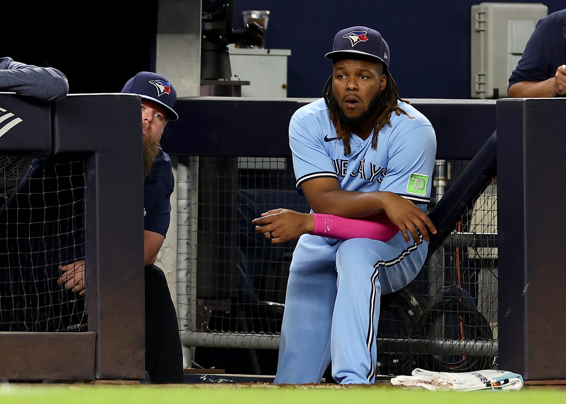 NEW YORK, NEW YORK - SEPTEMBER 20: Vladimir Guerrero Jr. #27 of the Toronto Blue Jays looks on from the dugout in the eighth inning against the New York Yankees at Yankee Stadium on September 20, 2023 in the Bronx borough of New York City. (Photo by Elsa/Getty Images)