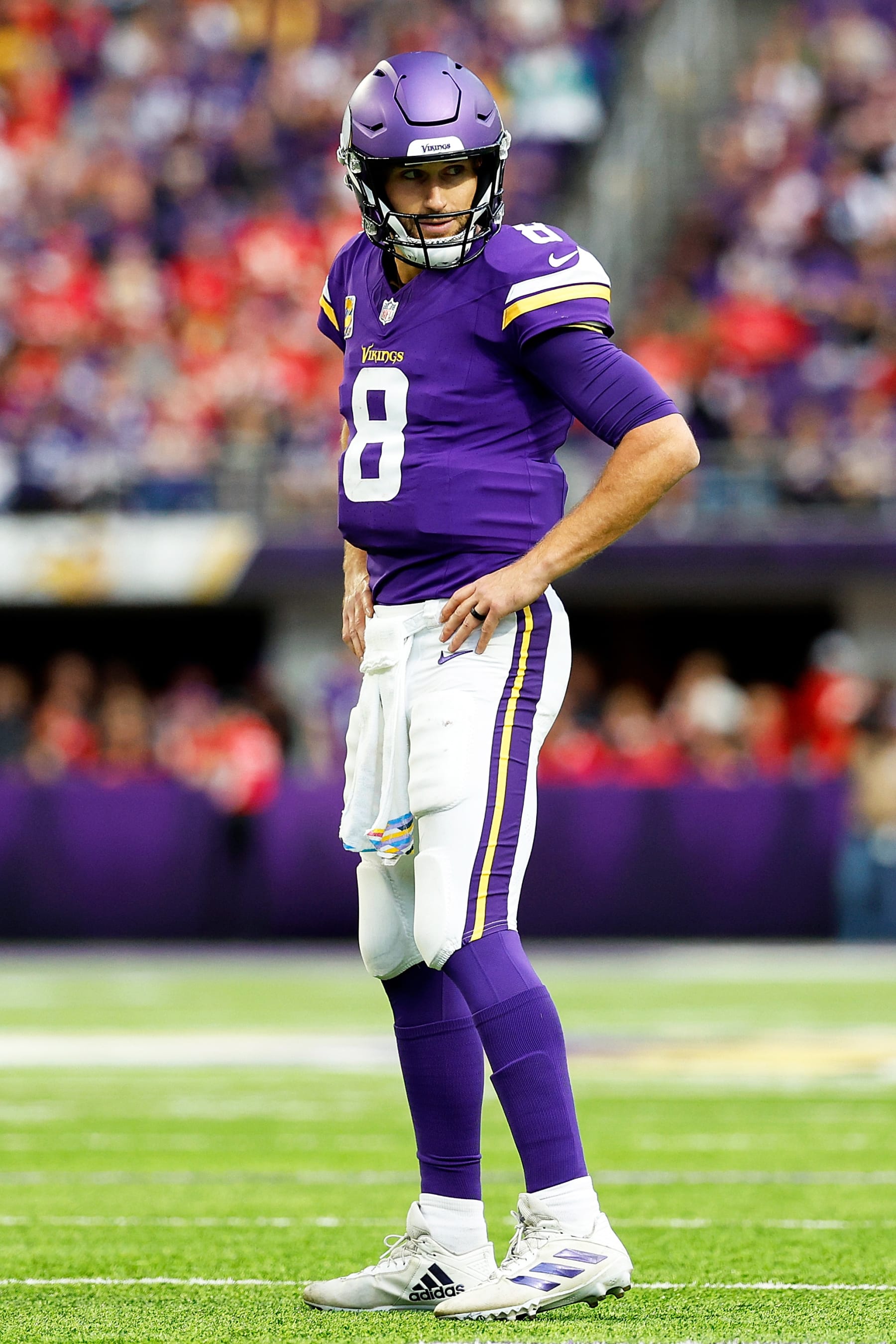MINNEAPOLIS, MINNESOTA - OCTOBER 08: Kirk Cousins #8 of the Minnesota Vikings looks on against the Kansas City Chiefs in the first half at U.S. Bank Stadium on October 08, 2023 in Minneapolis, Minnesota. The Chiefs defeated the Vikings 27-20. (Photo by David Berding/Getty Images)