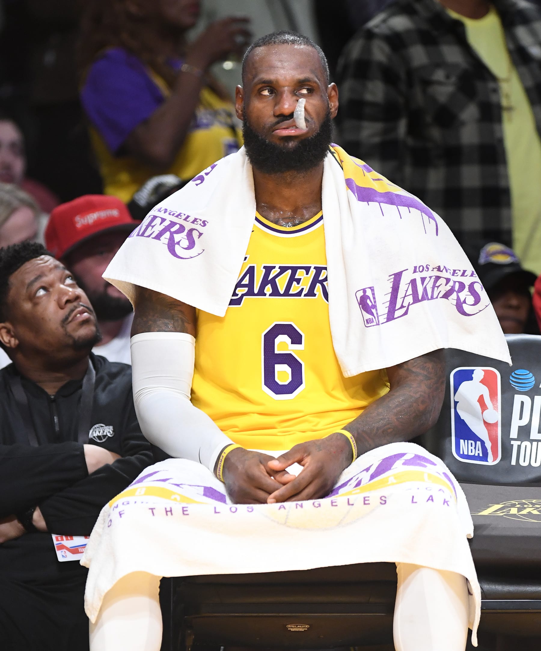 Los Angeles, California April 11, 2023-Lakers LeBron James sits on the bench against the Timberwolves during a play-in game four the NBA playoffs at Crypto.com arena Tuesday. (Wally Skalij/Los Angeles Times via Getty Images)
