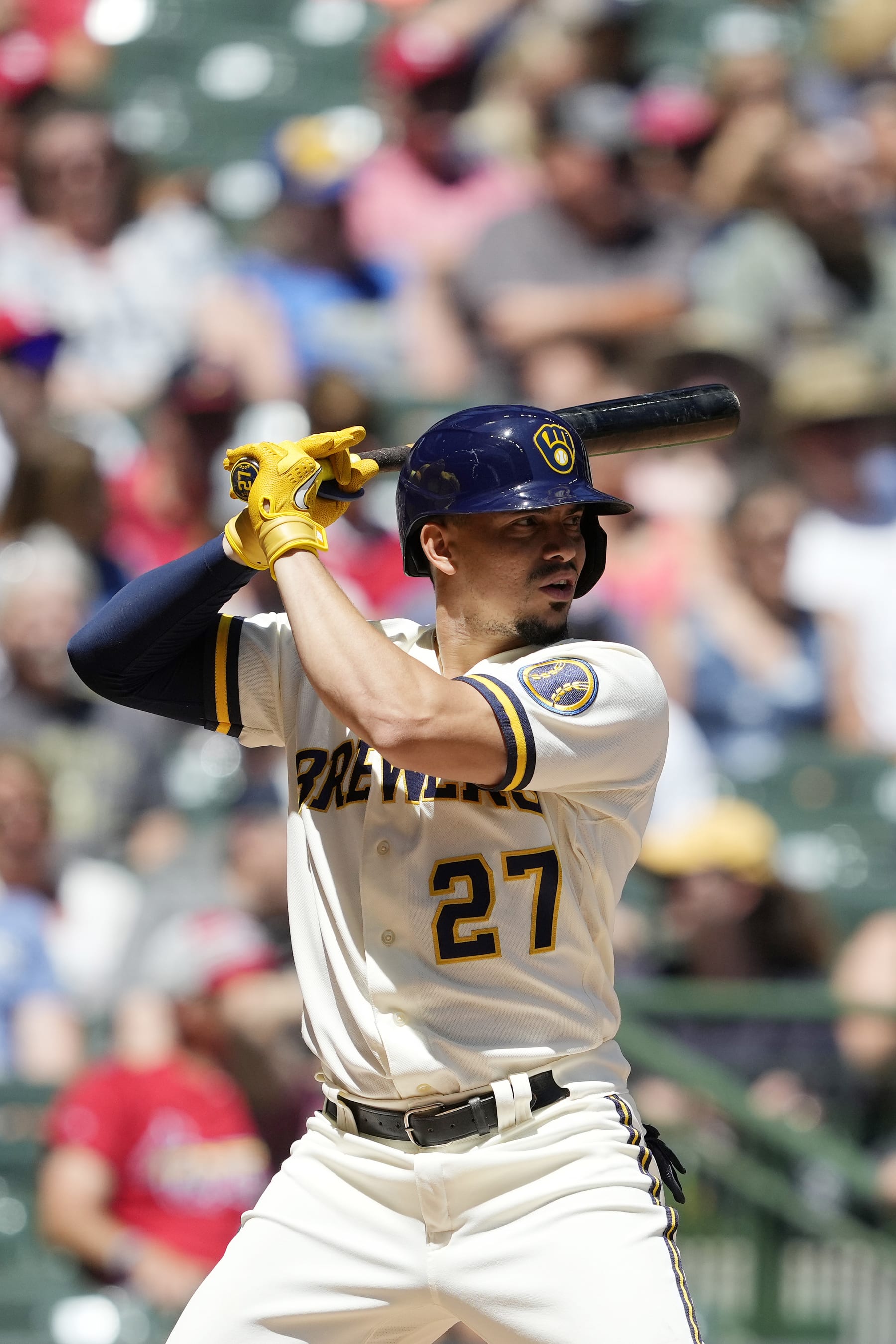 MILWAUKEE, WISCONSIN - JUNE 23: Willy Adames #27 of the Milwaukee Brewers bats against the St. Louis Cardinals in the third inning at American Family Field on June 23, 2022 in Milwaukee, Wisconsin. (Photo by Patrick McDermott/Getty Images)