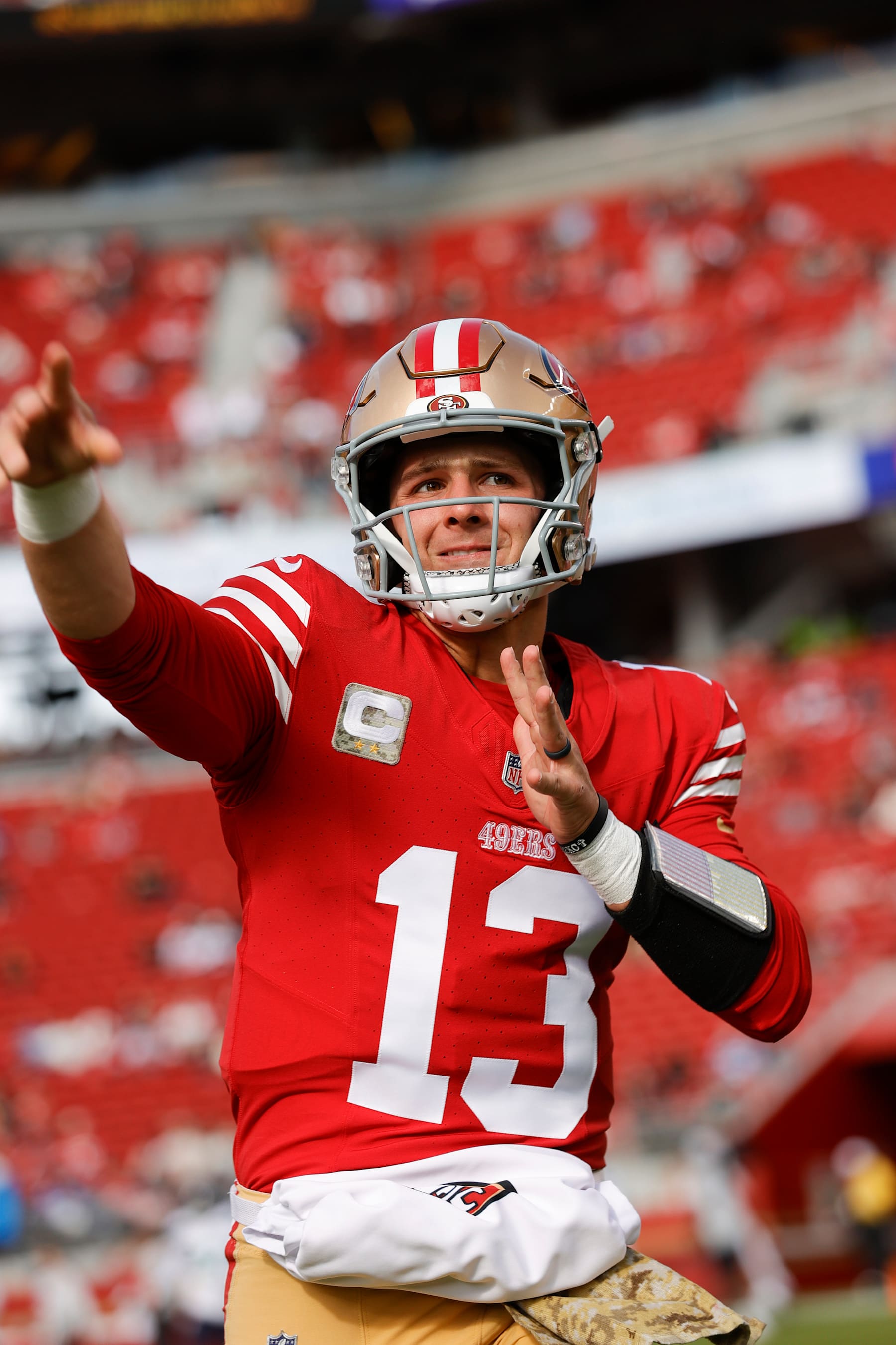 SANTA CLARA, CA - NOVEMBER 17: Brock Purdy #13 of the San Francisco 49ers before the game against the Seattle Seahawks at Levi's Stadium on November 17, 2024 in Santa Clara, California. The Seahawks defeated the 49ers 20-17. (Photo by Michael Zagaris/San Francisco 49ers/Getty Images)