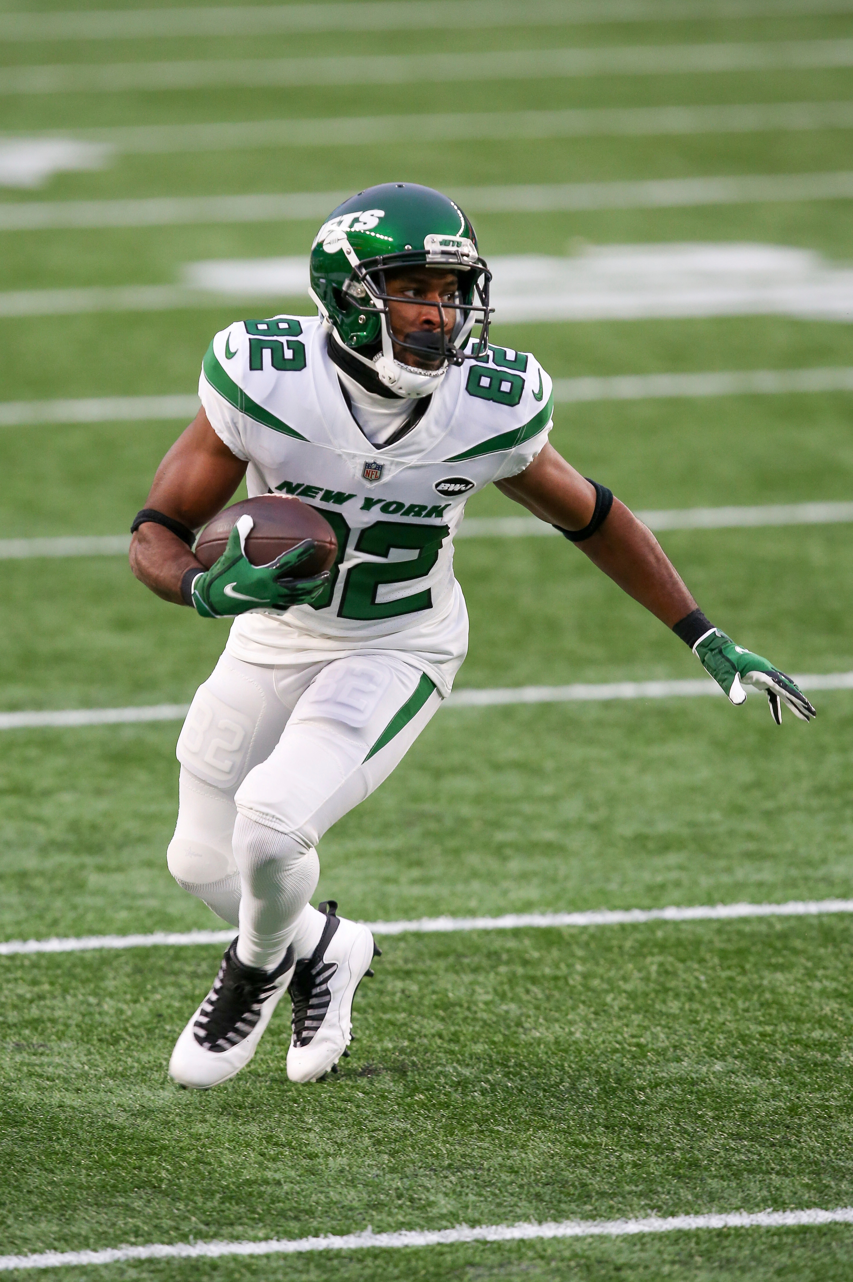 New York Jets wide receiver Jamison Crowder (82) during an NFL football game against the New England Patriots, Sunday, Jan. 3, 2021, in Foxborough, Mass. (AP Photo/Stew Milne)