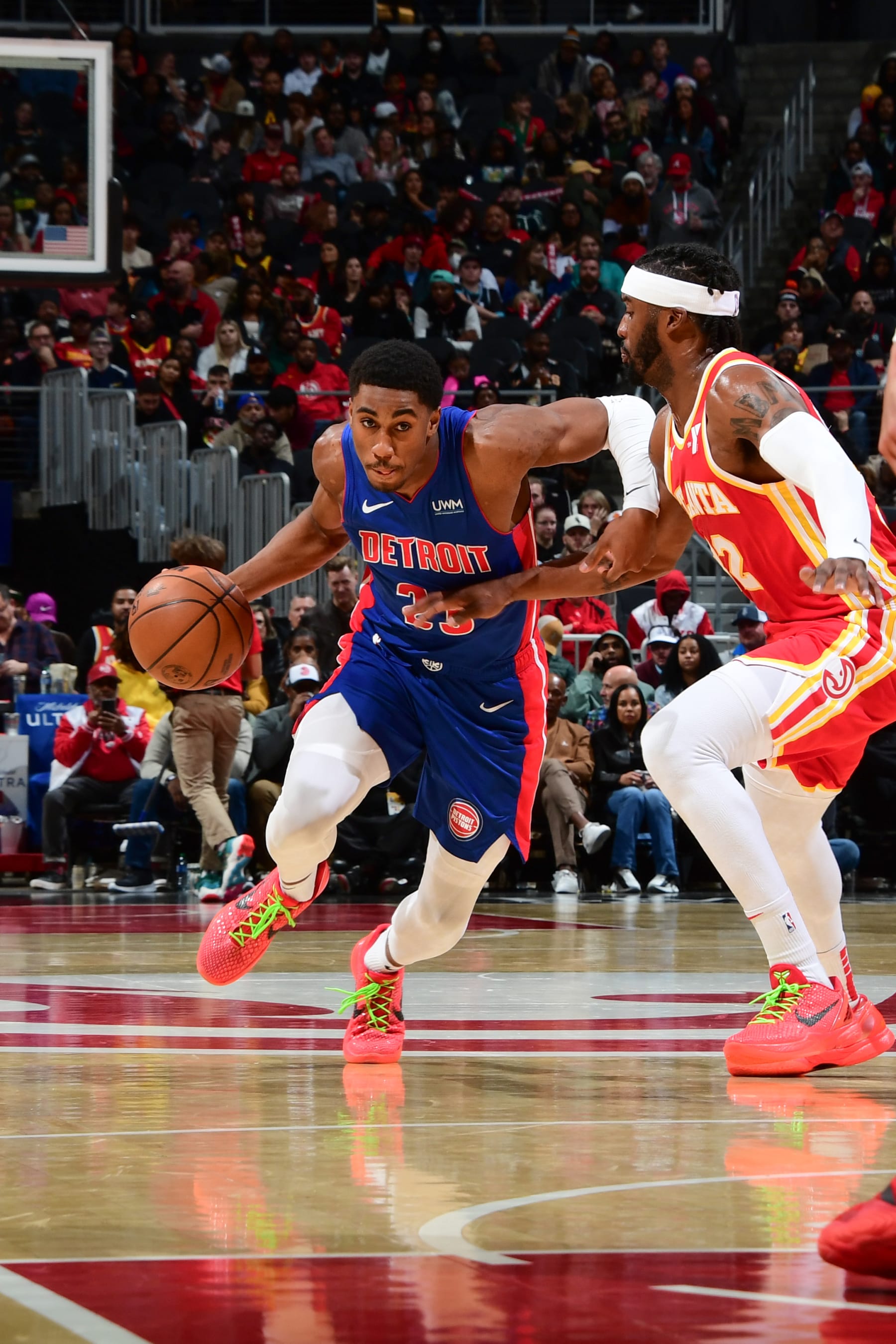 ATLANTA, GA - DECEMBER 18: Jaden Ivey #23 of the Detroit Pistons goes to the basket during the game on December 18, 2023 at State Farm Arena in Atlanta, Georgia.  NOTE TO USER: User expressly acknowledges and agrees that, by downloading and/or using this Photograph, user is consenting to the terms and conditions of the Getty Images License Agreement. Mandatory Copyright Notice: Copyright 2023 NBAE (Photo by Scott Cunningham/NBAE via Getty Images)