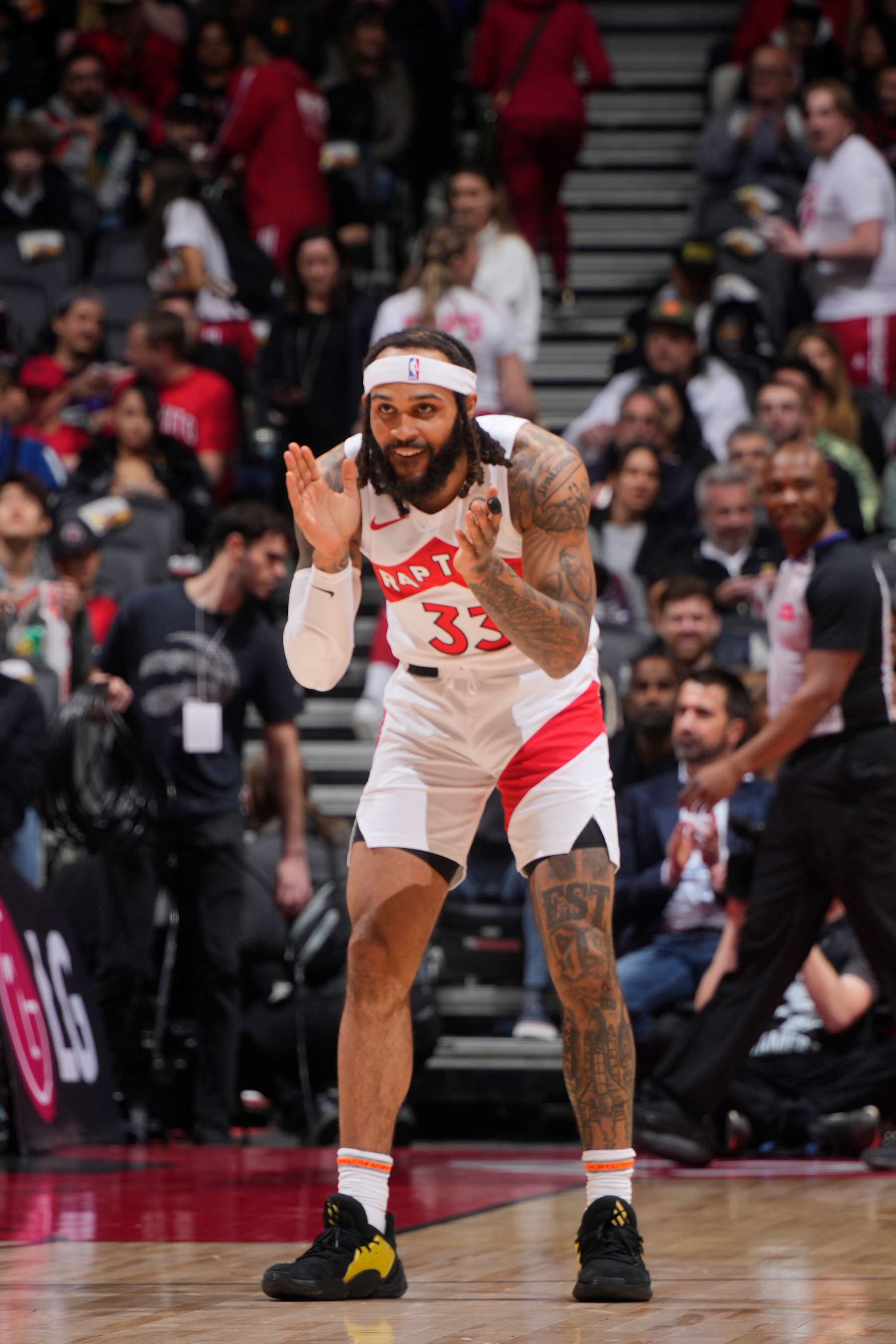 TORONTO, CANADA - APRIL 9: Gary Trent Jr. #33 of the Toronto Raptors reacts to a play during the game against the Indiana Pacers on April 9, 2024 at the Scotiabank Arena in Toronto, Ontario, Canada.  NOTE TO USER: User expressly acknowledges and agrees that, by downloading and or using this Photograph, user is consenting to the terms and conditions of the Getty Images License Agreement.  Mandatory Copyright Notice: Copyright 2024 NBAE (Photo by Mark Blinch/NBAE via Getty Images)