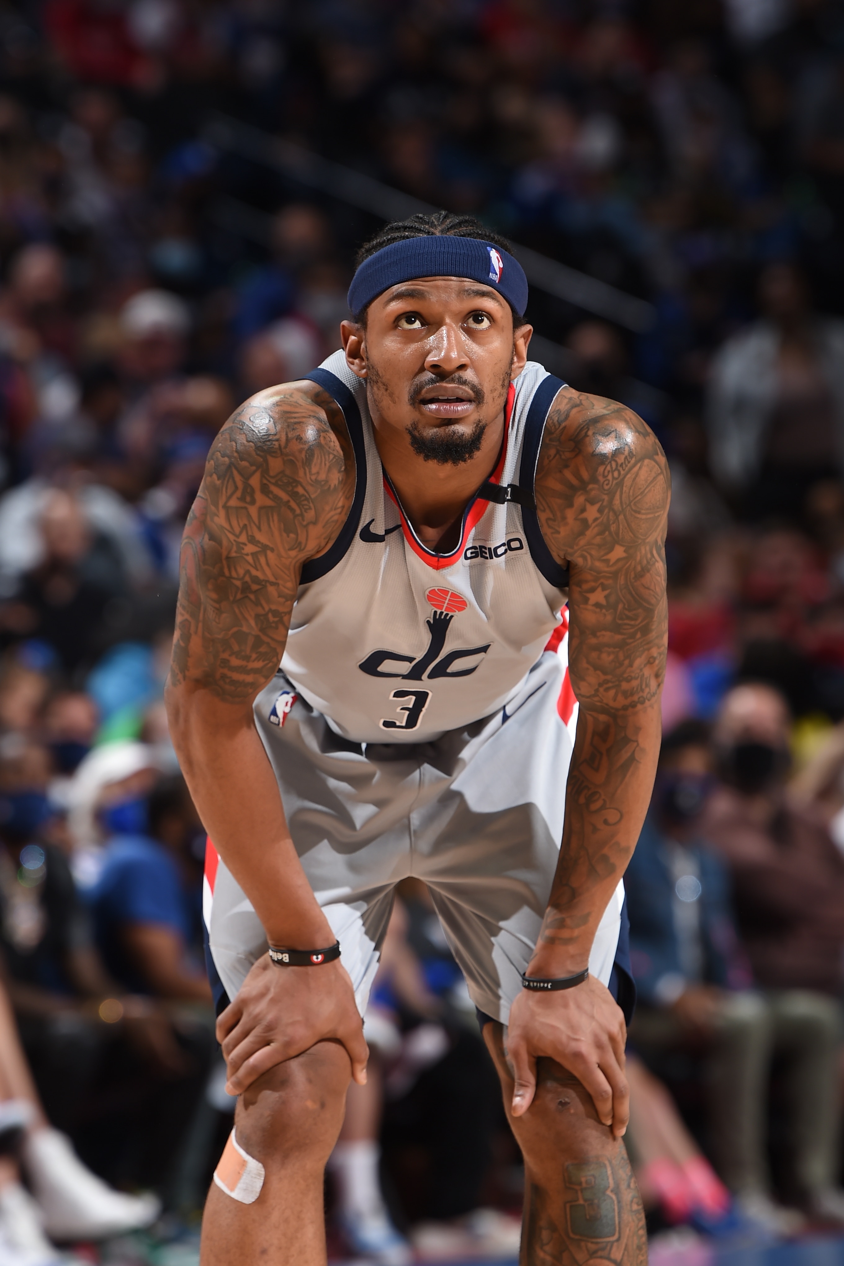 PHILADELPHIA, PA - JUNE 2: Bradley Beal #3 of the Washington Wizards looks on during a game against the Philadelphia 76ers during Round 1, Game 5 of the Eastern Conference Playoffs on June 2, 2021 at Wells Fargo Center in Philadelphia, Pennsylvania. NOTE TO USER: User expressly acknowledges and agrees that, by downloading and/or using this Photograph, user is consenting to the terms and conditions of the Getty Images License Agreement. Mandatory Copyright Notice: Copyright 2021 NBAE (Photo by David Dow/NBAE via Getty Images)