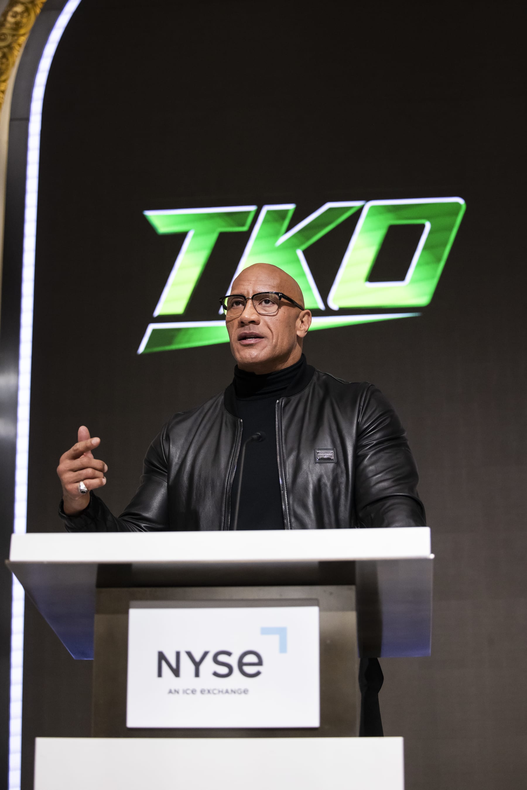 NEW YORK, NEW YORK - JANUARY 23: Dwayne "The Rock" Johnson is seen during a ceremony announcing he has joined the Board of Directors for TKO at New York Stock Exchange on January 23, 2024 in New York City. (Photo by Michelle Farsi/Zuffa LLC)