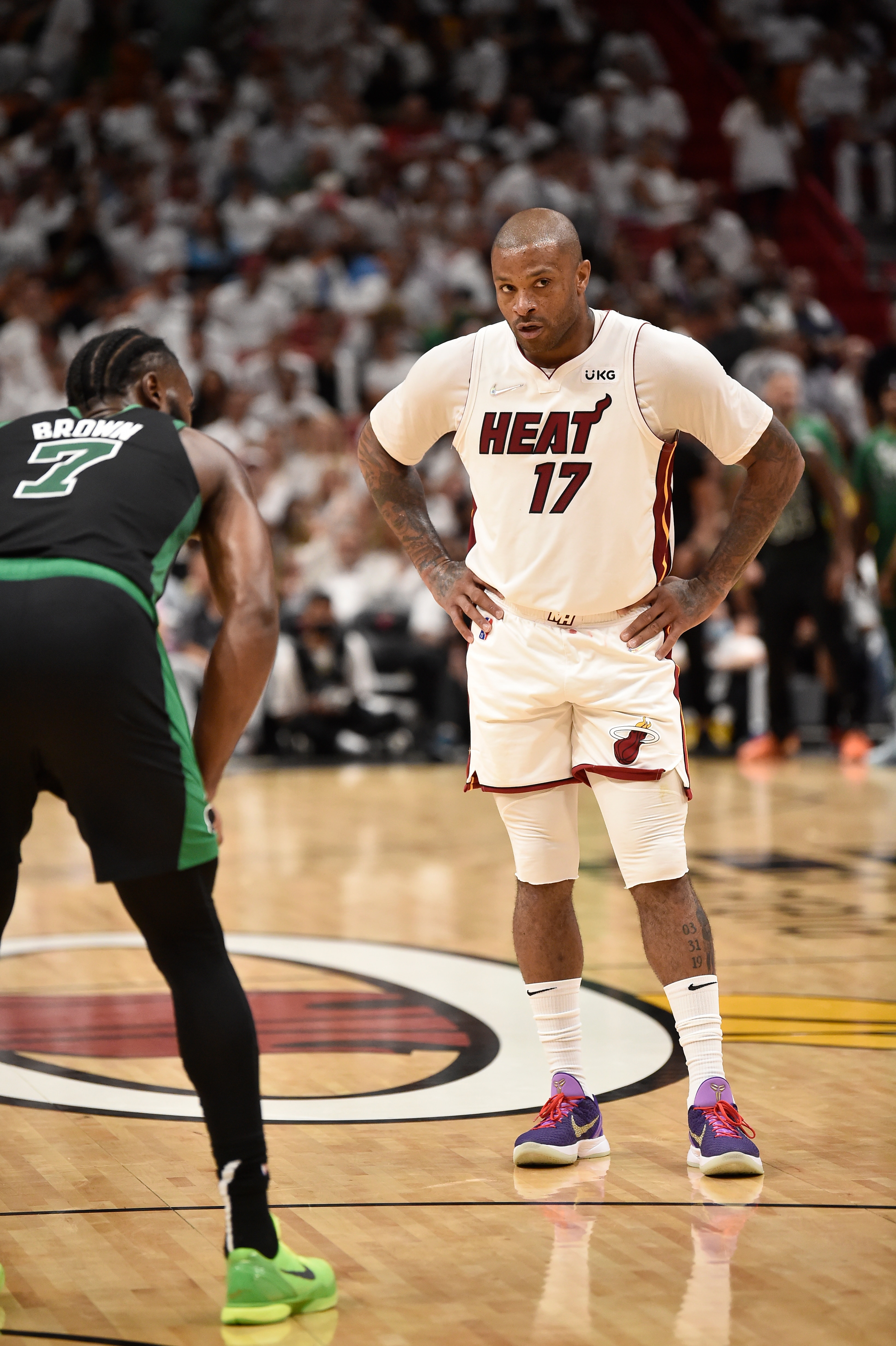MIAMI, FL - MAY 25: P.J. Tucker #17 of the Miami Heat looks on during Game 5 of the 2022 NBA Playoffs Eastern Conference Finals on May 25, 2022 at FTX Arena in Miami, Florida. NOTE TO USER: User expressly acknowledges and agrees that, by downloading and or using this Photograph, user is consenting to the terms and conditions of the Getty Images License Agreement. Mandatory Copyright Notice: Copyright 2022 NBAE (Photo by David Dow/NBAE via Getty Images)