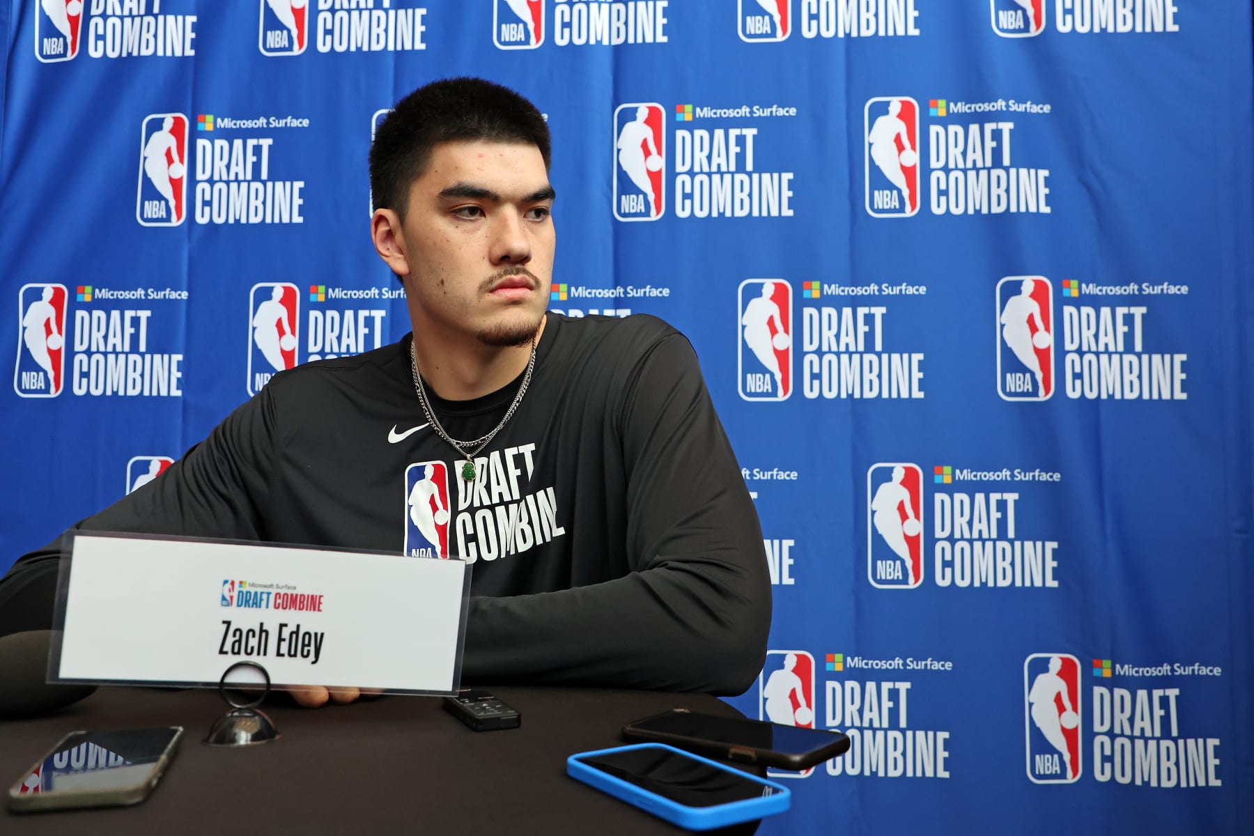 CHICAGO, ILLINOIS - MAY 17: Zach Edey speaks with the media during the NBA Draft Combine at the Wintrust Arena on May 17, 2023 in Chicago, Illinois. NOTE TO USER: User expressly acknowledges and agrees that, by downloading and or using this photograph, User is consenting to the terms and conditions of the Getty Images License Agreement. (Photo by Stacy Revere/Getty Images)
