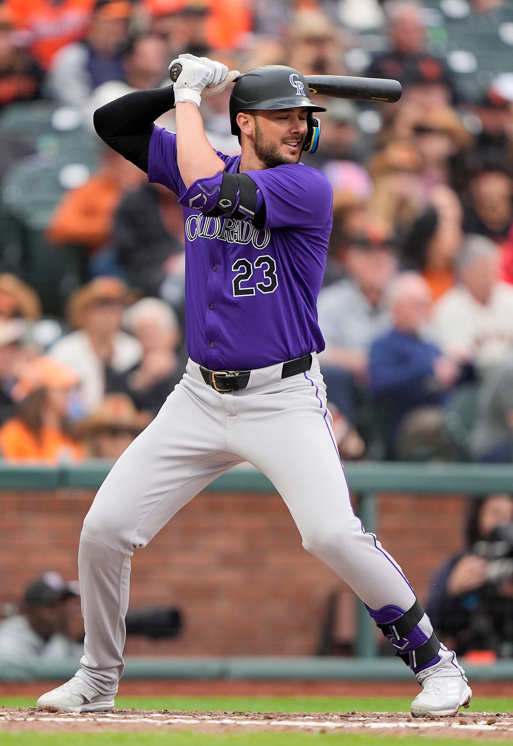 SAN FRANCISCO, CALIFORNIA - JULY 27: Kris Bryant #23 of the Colorado Rockies bats against the San Francisco Giants in the top of the six inning of game one of a doubleheader at Oracle Park on July 27, 2024 in San Francisco, California. (Photo by Thearon W. Henderson/Getty Images)