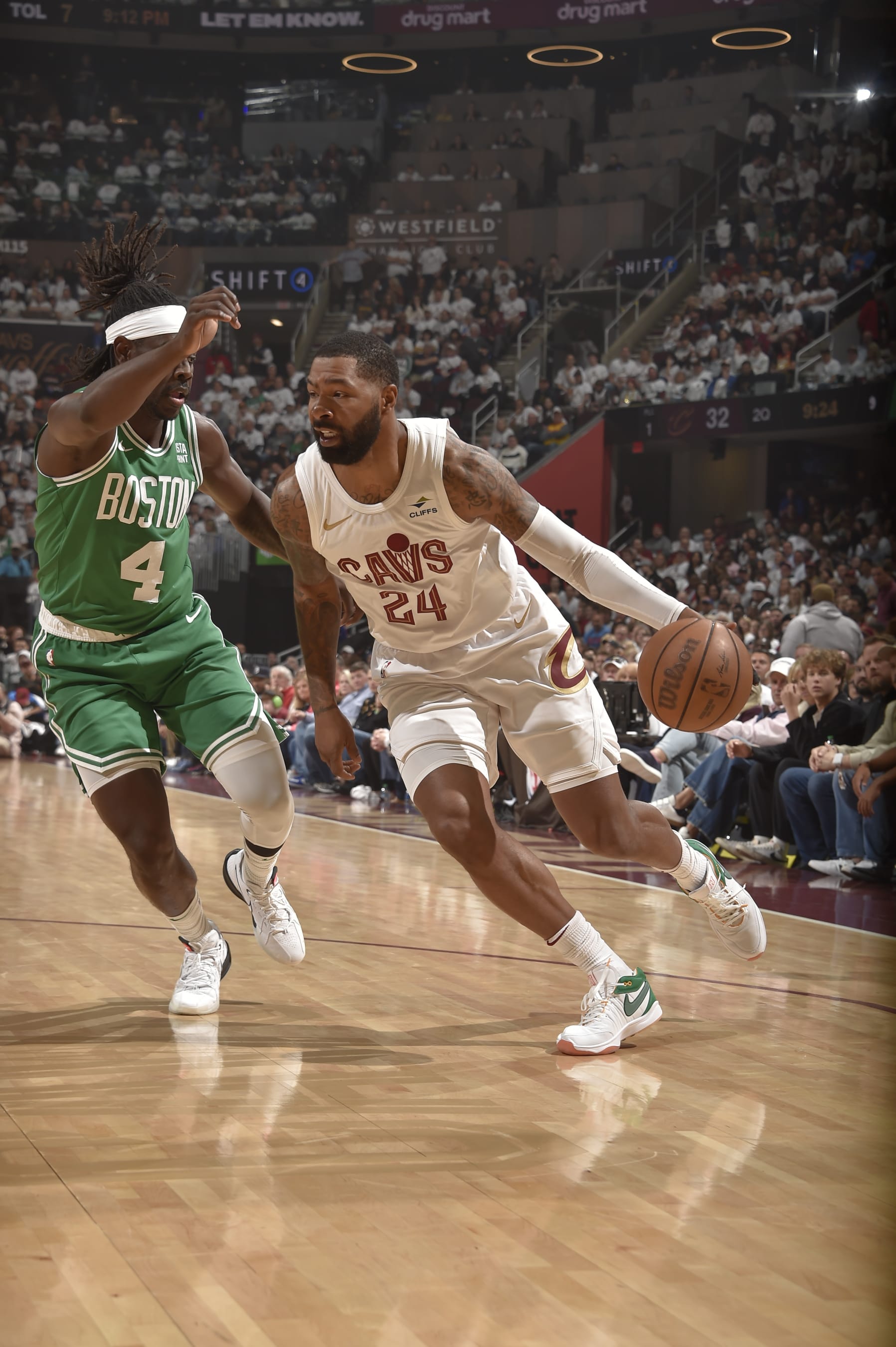 CLEVELAND, OH - MAY 11: Marcus Morris Sr. #24 of the Cleveland Cavaliers drives to the basket during the game  against the Boston Celtics during Round 2 Game 3 of the 2024 NBA Playoffs on May 11, 2024 at Rocket Mortgage FieldHouse in Cleveland, Ohio. NOTE TO USER: User expressly acknowledges and agrees that, by downloading and/or using this Photograph, user is consenting to the terms and conditions of the Getty Images License Agreement. Mandatory Copyright Notice: Copyright 2024 NBAE (Photo by David Liam Kyle/NBAE via Getty Images)