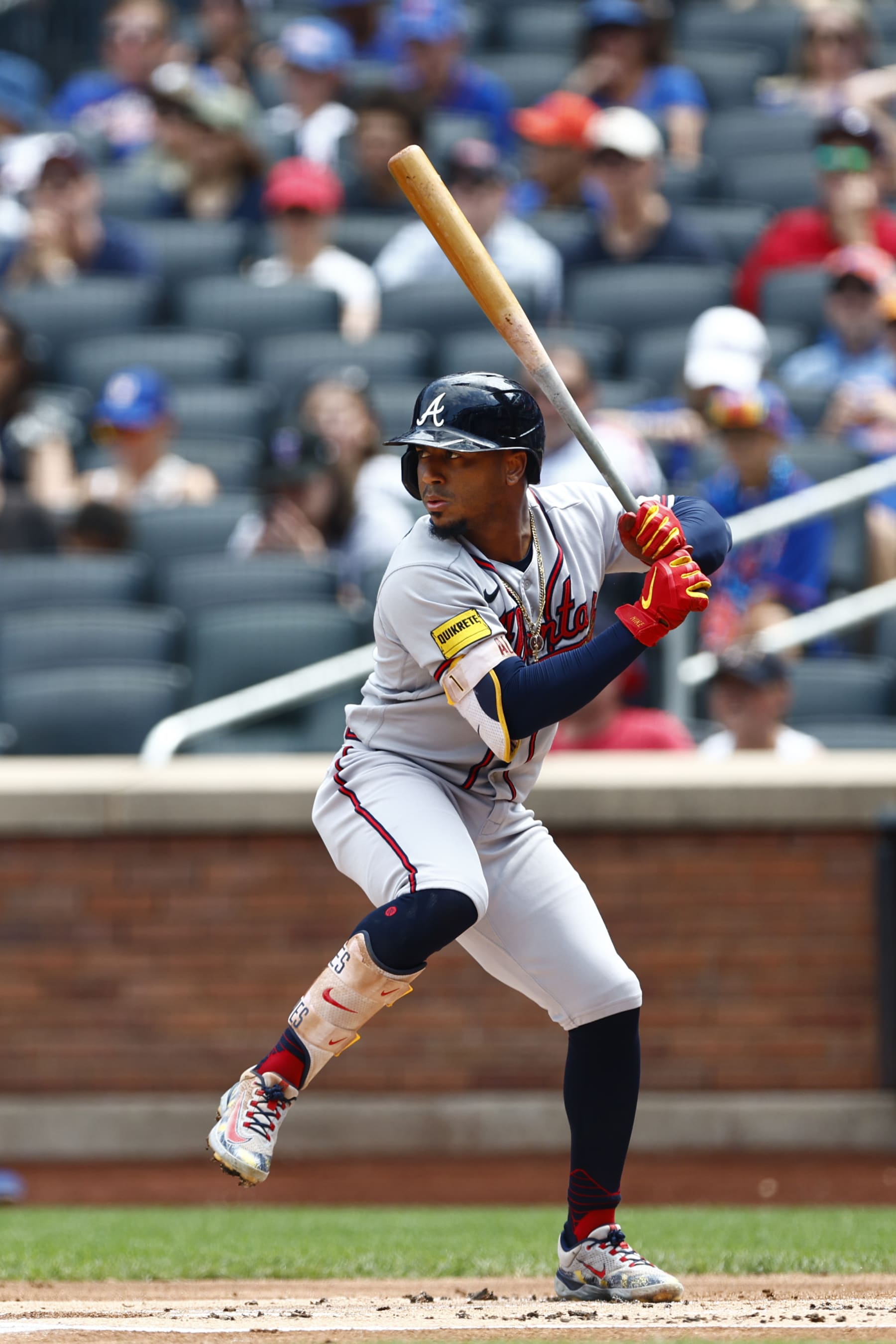 NEW YORK, NEW YORK - AUGUST 12: Ozzie Albies #1 of the Atlanta Braves in action against the New York Mets during game one of a doubleheader at Citi Field on August 12, 2023 in New York City. (Photo by Rich Schultz/Getty Images)