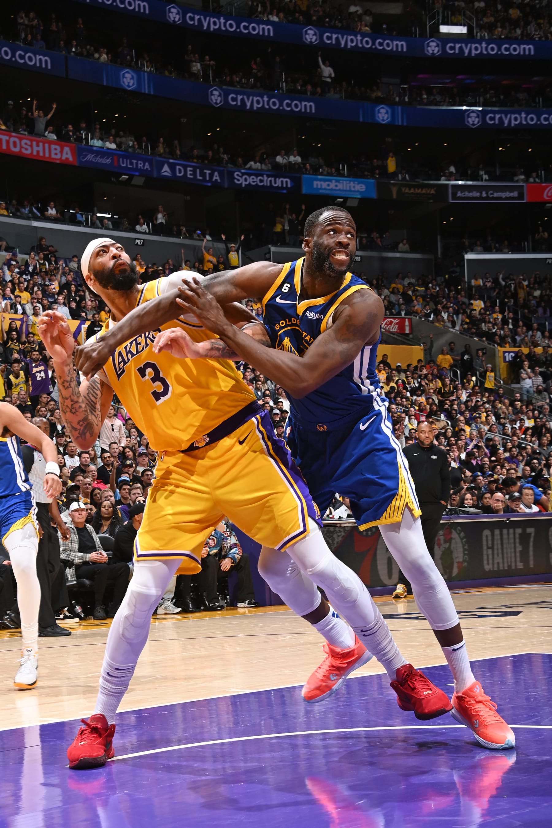 LOS ANGELES, CA - MAY 12: Anthony Davis #3 of the Los Angeles Lakers and Draymond Green #23 of the Golden State Warriors look on during Game 6 of the Western Conference Semi-Finals 2023 NBA Playoffs on May 12, 2023 at Crypto.Com Arena in Los Angeles, California. NOTE TO USER: User expressly acknowledges and agrees that, by downloading and/or using this Photograph, user is consenting to the terms and conditions of the Getty Images License Agreement. Mandatory Copyright Notice: Copyright 2023 NBAE (Photo by Andrew D. Bernstein/NBAE via Getty Images)