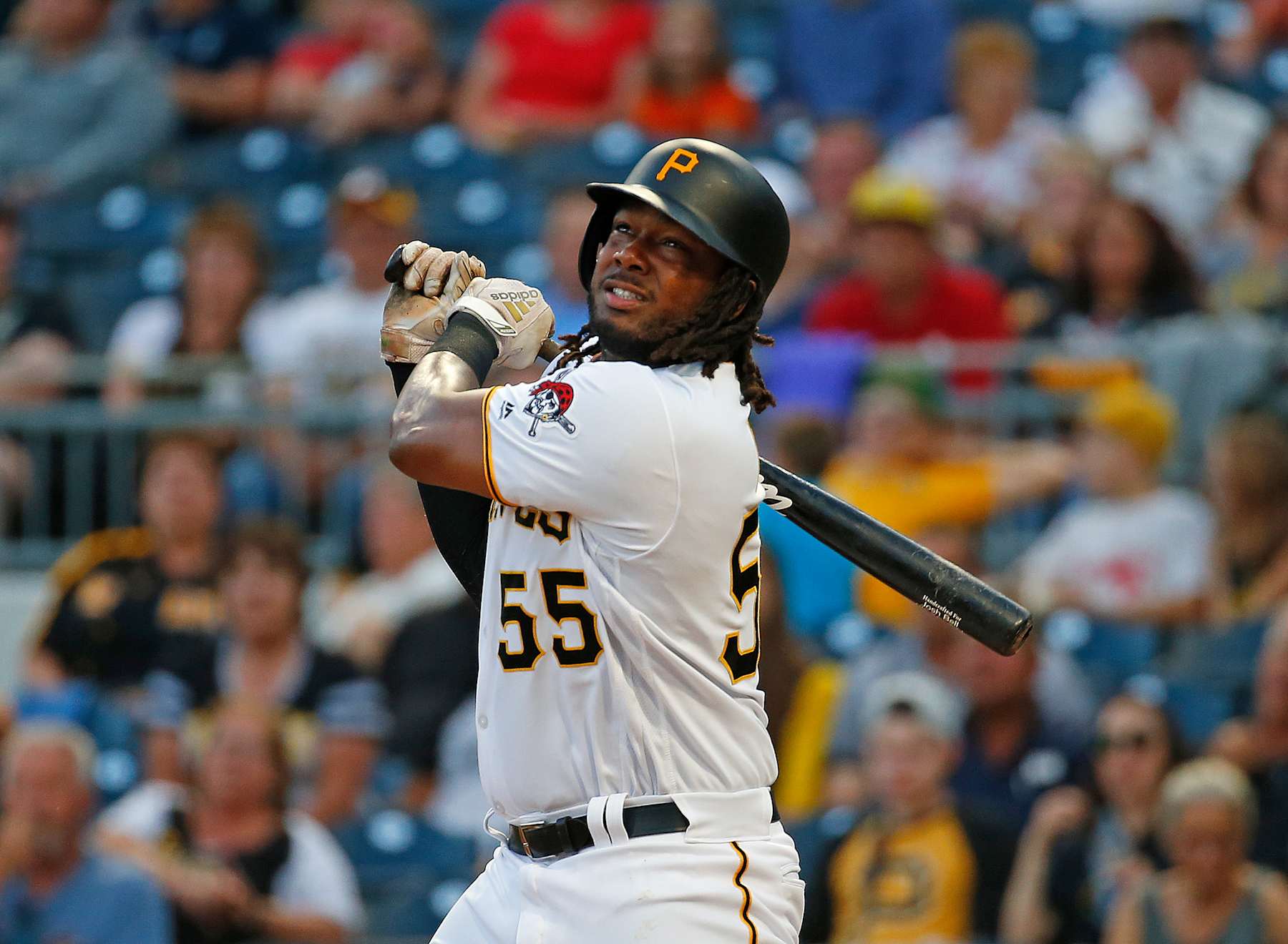 PITTSBURGH, PA - SEPTEMBER 03:  Josh Bell #55 of the Pittsburgh Pirates in action against the Miami Marlins at PNC Park on September 3, 2019 in Pittsburgh, Pennsylvania.  (Photo by Justin K. Aller/Getty Images)