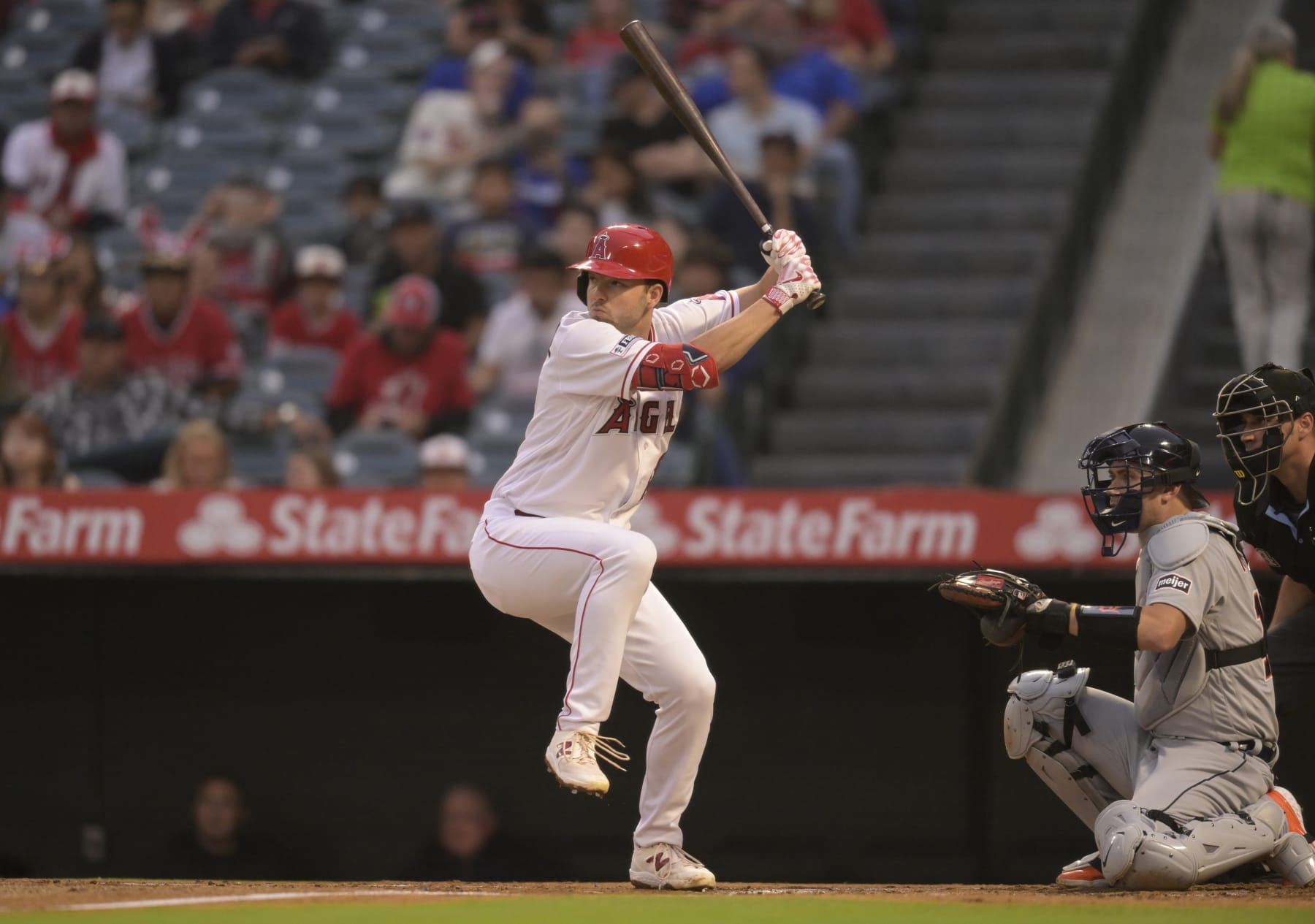ANAHEIM, CALIFORNIA - SEPTEMBER 16: Nolan Schanuel #18 of the Los Angeles Angels goes to bat against the Detroit Tigers at Angel Stadium of Anaheim on September 16, 2023 in Anaheim, California. (Photo by John McCoy/Getty Images)