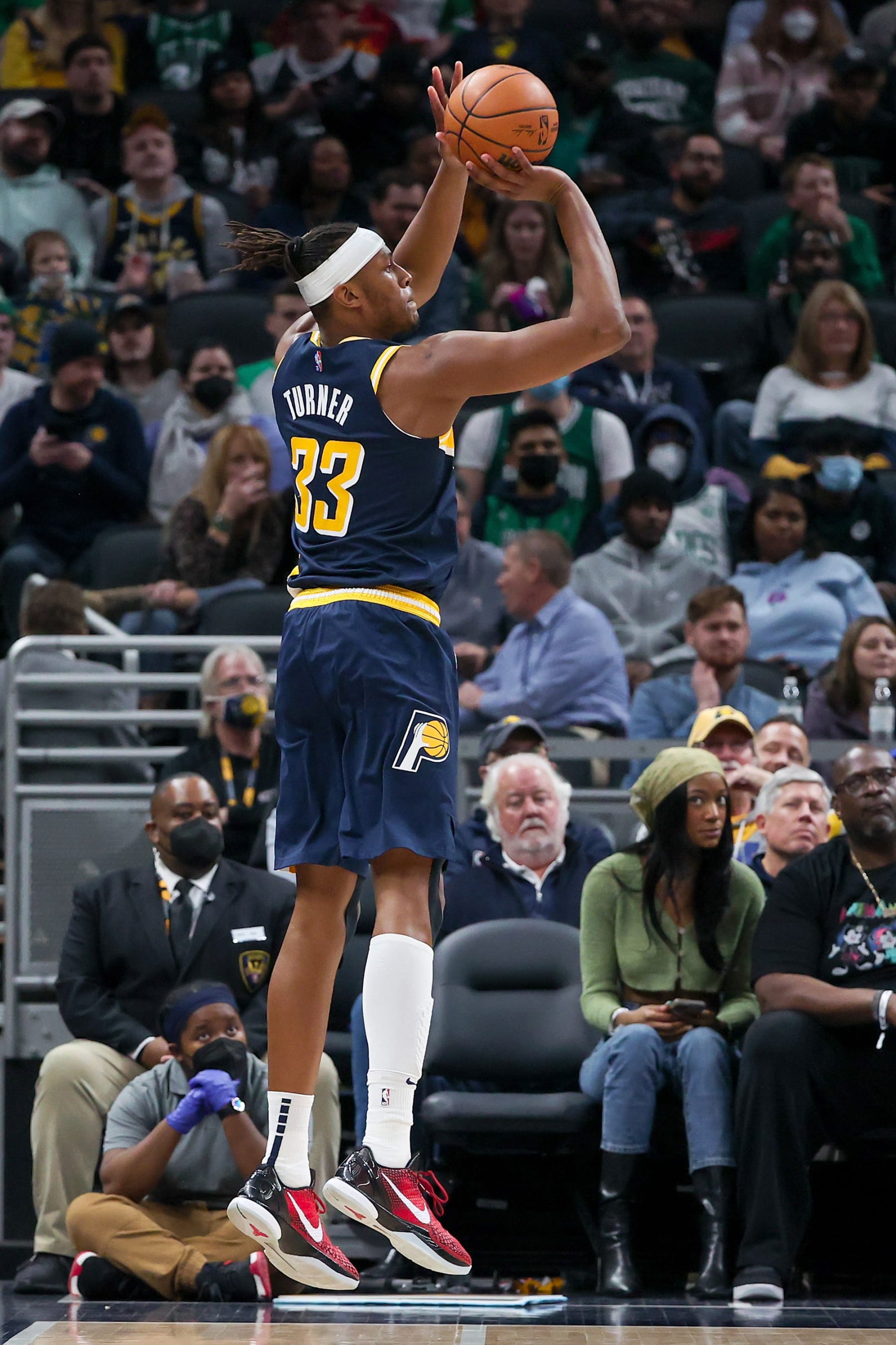 INDIANAPOLIS, INDIANA - JANUARY 12: Myles Turner #33 of the Indiana Pacers attempts a shot in the third quarter against the Boston Celtics at Gainbridge Fieldhouse on January 12, 2022 in Indianapolis, Indiana. NOTE TO USER: User expressly acknowledges and agrees that, by downloading and or using this Photograph, user is consenting to the terms and conditions of the Getty Images License Agreement. (Photo by Dylan Buell/Getty Images)
