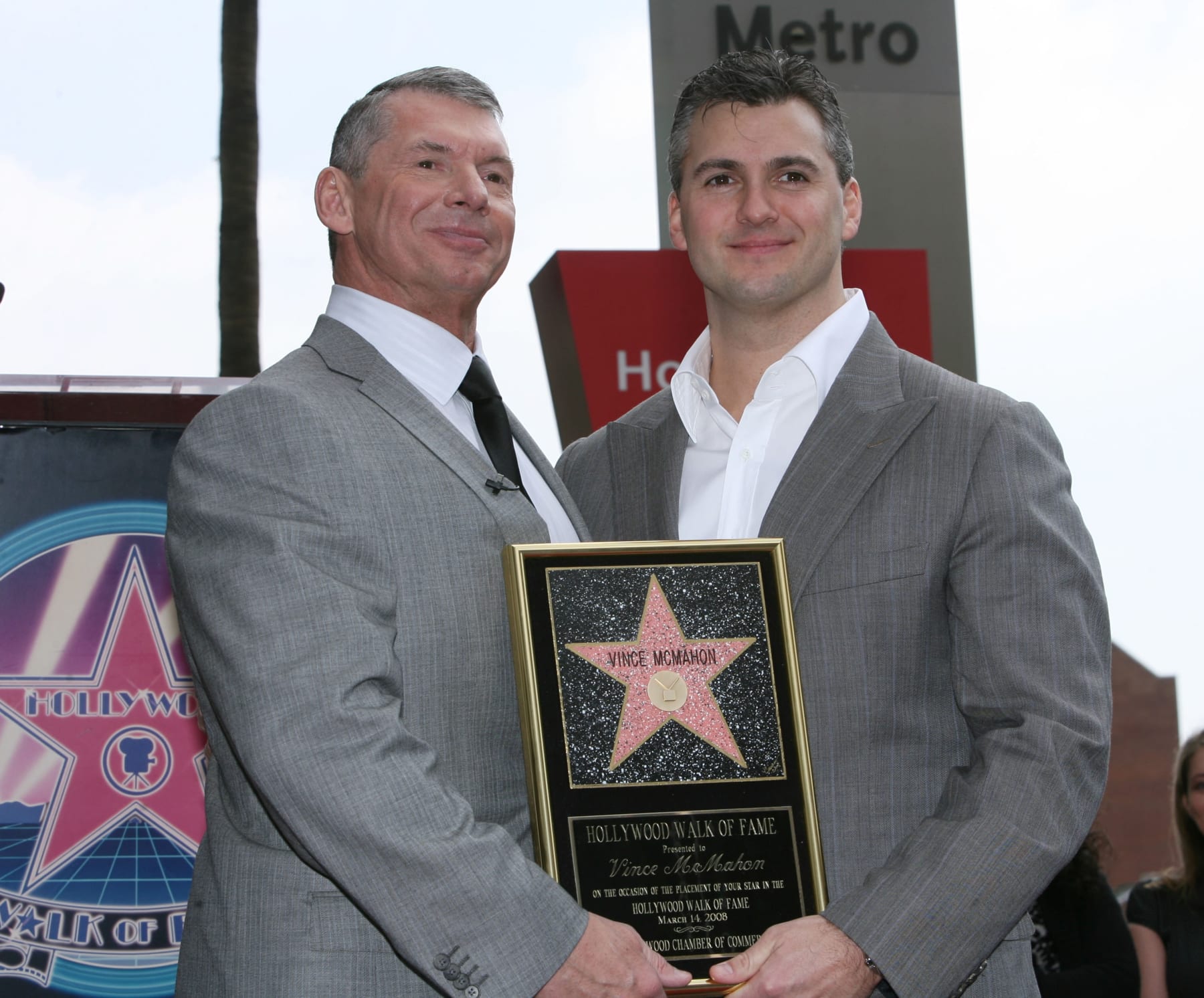 Vince McMahon and son Shane McMahon at the 2,357th Star on the Hollywood Walk of Fame ceremony honoring Vince McMahon held on Hollywood Blvd on March 14, 2008 in Hollywood, California. (Photo by Alexandra Wyman/WireImage)