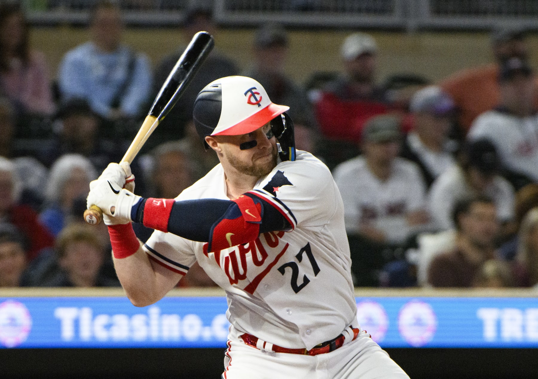 MINNEAPOLIS, MINNESOTA - SEPTEMBER 27: Ryan Jeffers #27 of the Minnesota Twins hits a home run in the sixth inning of the game against the Oakland Athletics at Target Field on September 27, 2023 in Minneapolis, Minnesota. (Photo by Stephen Maturen/Getty Images)