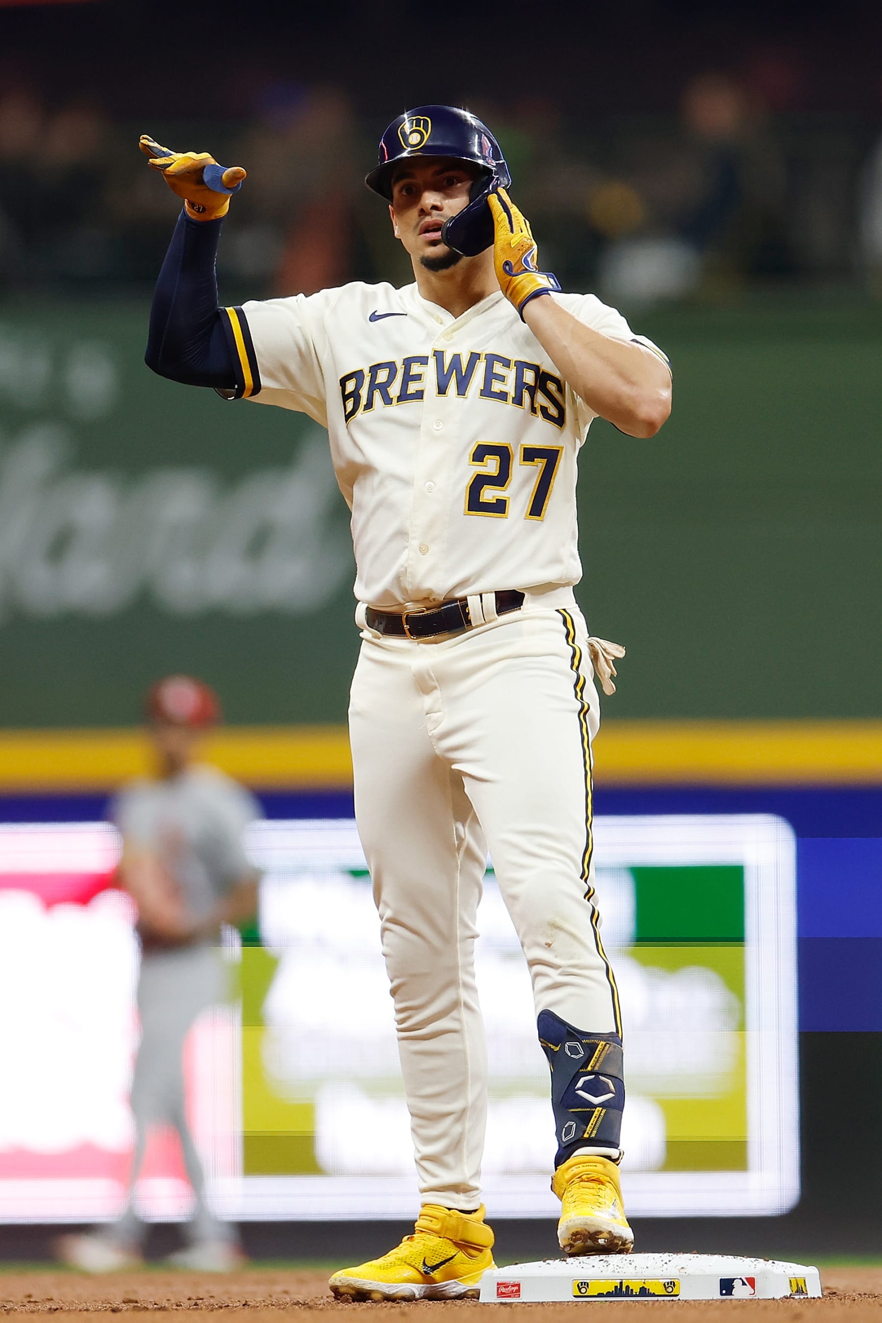 MILWAUKEE, WISCONSIN - SEPTEMBER 26: Willy Adames #27 of the Milwaukee Brewers reacts after hitting a double in the second inning against the St. Louis Cardinals at American Family Field on September 26, 2023 in Milwaukee, Wisconsin. (Photo by John Fisher/Getty Images)