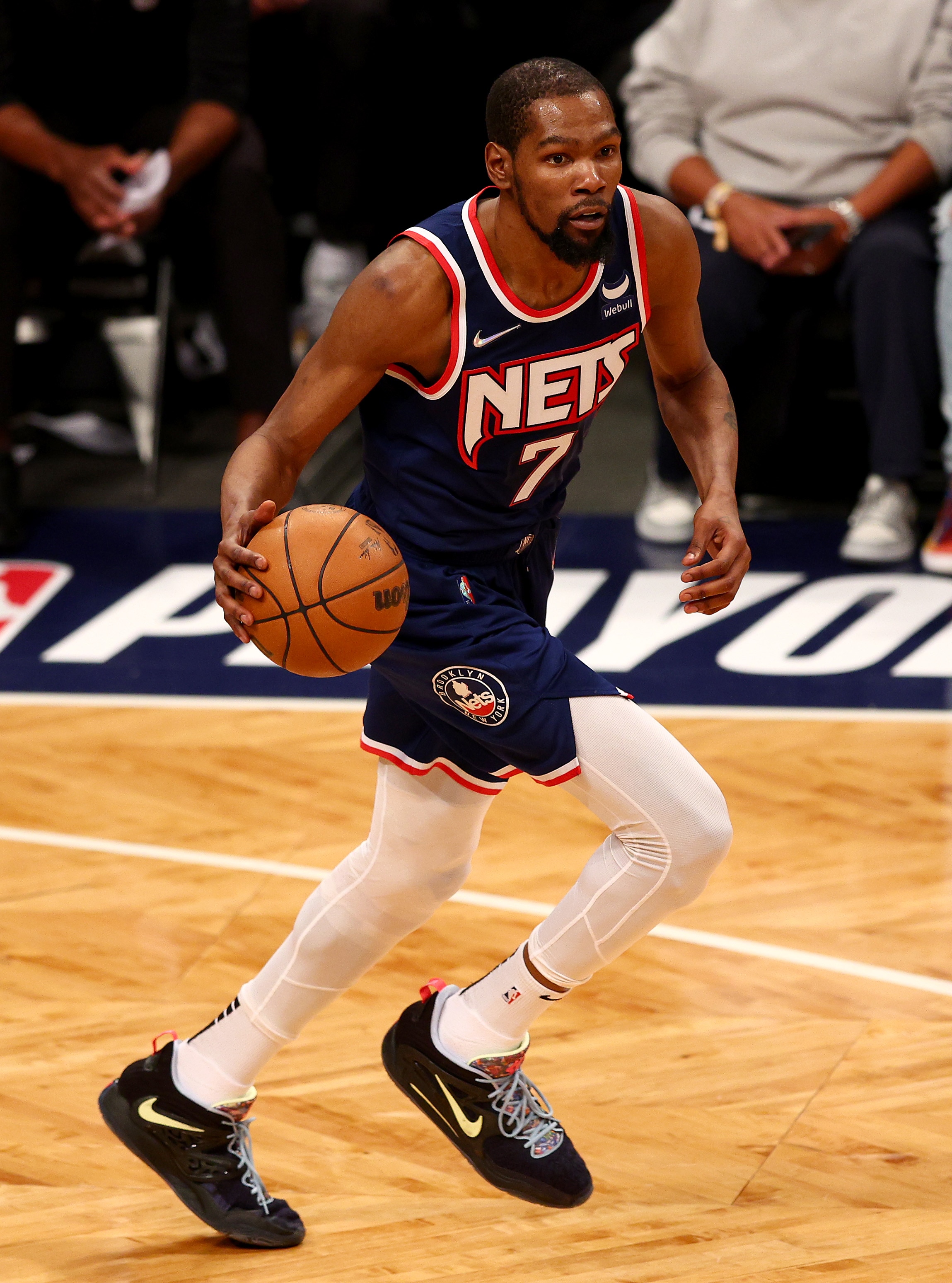 NEW YORK, NEW YORK - APRIL 25: Kevin Durant #7 of the Brooklyn Nets heads down court during Game Four of the Eastern Conference First Round Playoffs against the Boston Celtics at Barclays Center on April 25, 2022 in the Brooklyn borough of New York City. NOTE TO USER: User expressly acknowledges and agrees that, by downloading and or using this photograph, User is consenting to the terms and conditions of the Getty Images License Agreement. (Photo by Elsa/Getty Images)