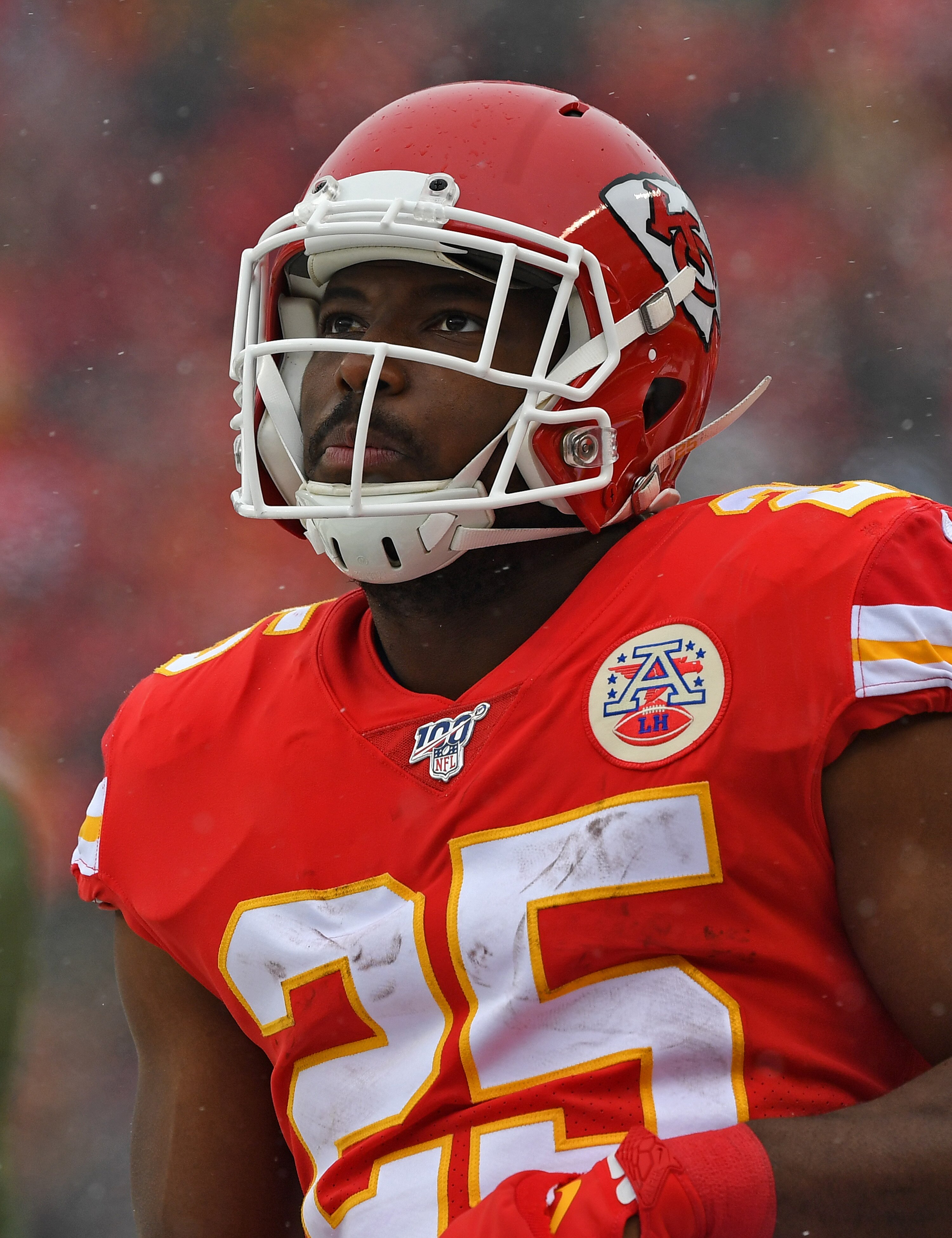 KANSAS CITY, MO - DECEMBER 15:  Running back LeSean McCoy #25 of the Kansas City Chiefs looks on before a game against the Denver Broncos at Arrowhead Stadium on December 15, 2019 in Kansas City, Missouri. (Photo by Peter G. Aiken/Getty Images)