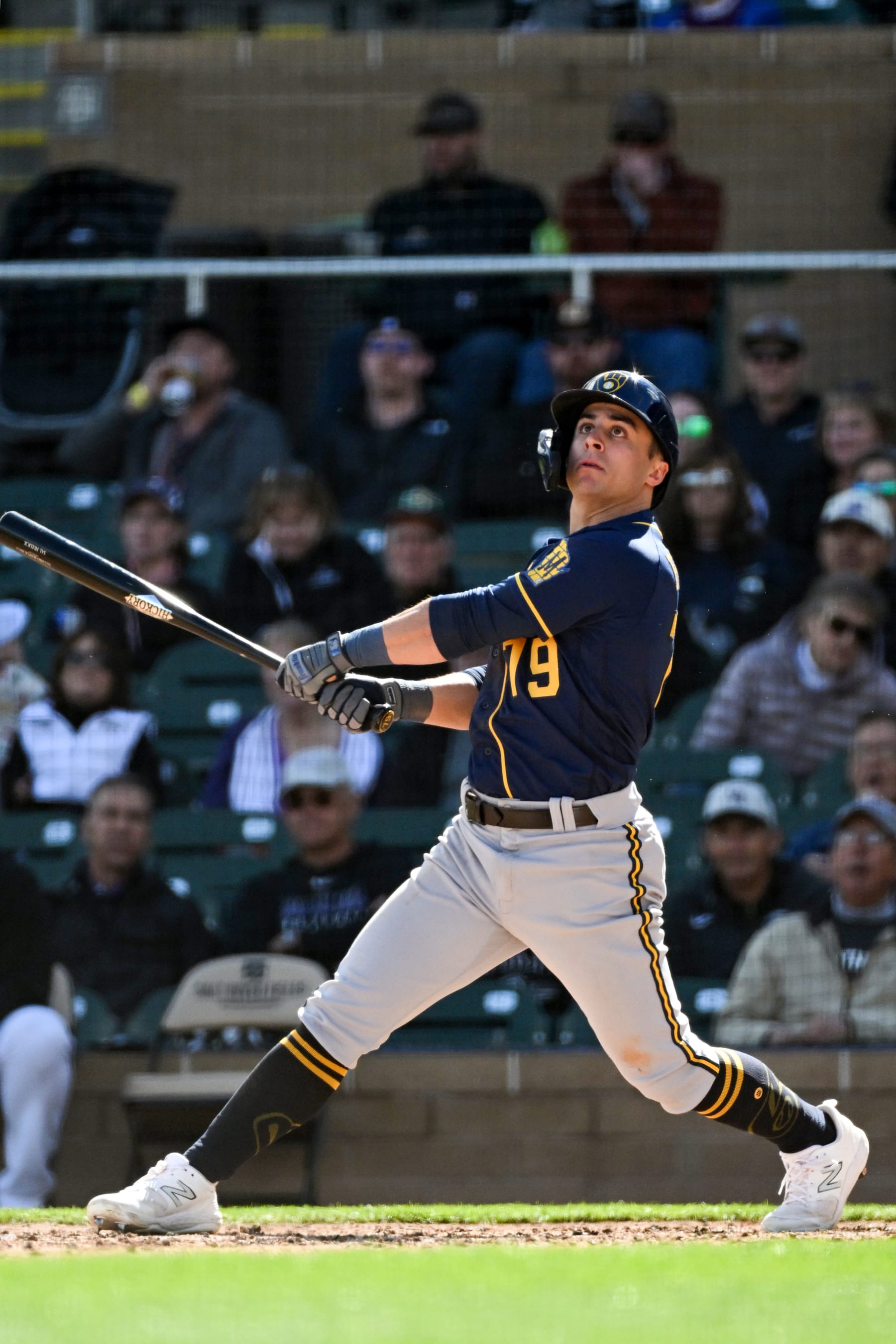 SCOTTSDALE, ARIZONA - FEBRUARY 26, 2023: Sal Frelick #79 of the Milwaukee Brewers bats during the fourth inning of a spring training game against the Colorado Rockies at Salt River Fields on February 26, 2023 in Scottsdale, Arizona. (Photo by David Durochik/Diamond Images via Getty Images)