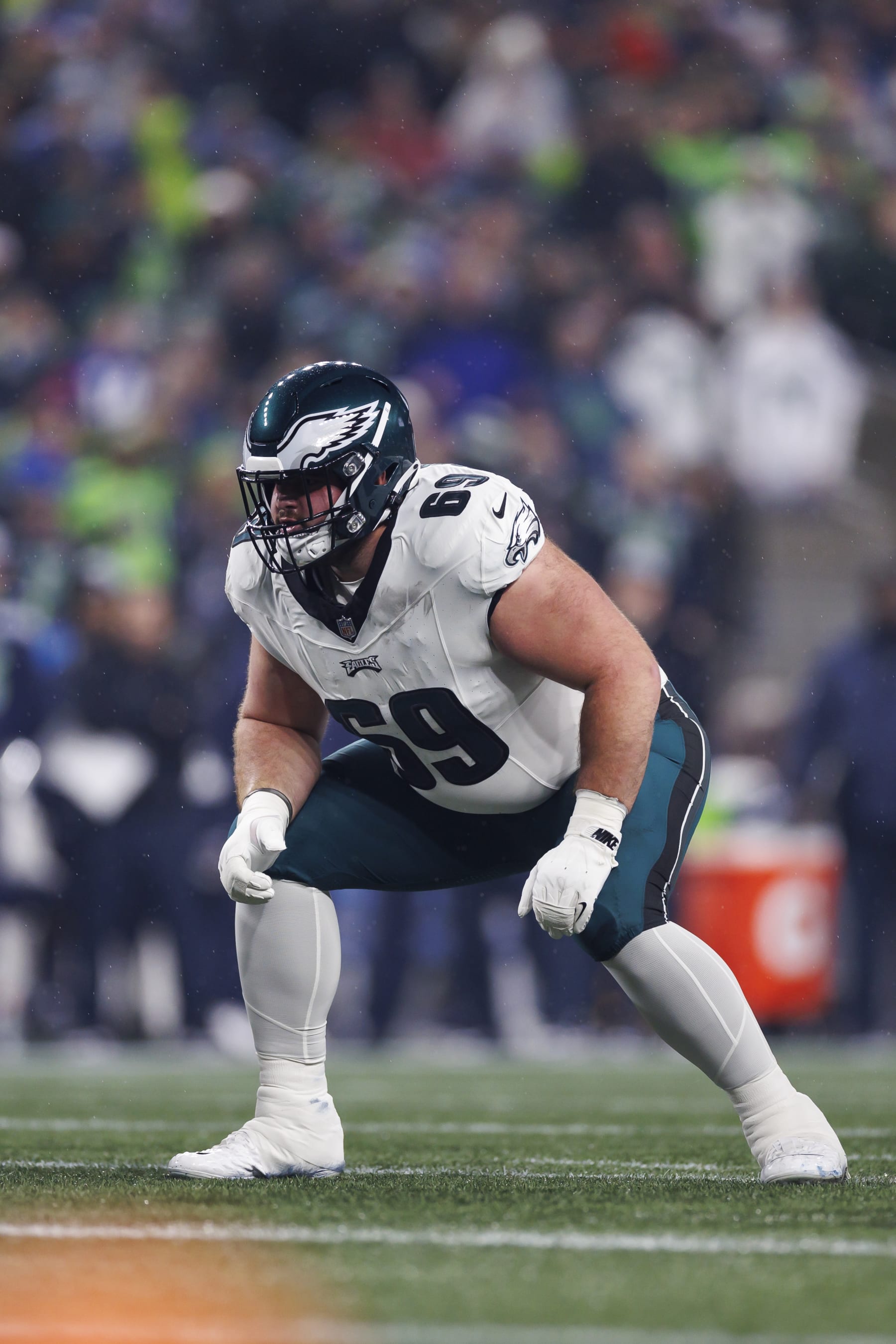 SEATTLE, WASHINGTON - DECEMBER 18: Landon Dickerson #69 of the Philadelphia Eagles gets set to block against the Seattle Seahawks at Lumen Field on December 18, 2023 in Seattle, Washington. (Photo by Ryan Kang/Getty Images) SEATTLE, WASHINGTON - DECEMBER 18: Landon Dickerson #69 of the Philadelphia Eagles gets set to block against the Seattle Seahawks at Lumen Field on December 18, 2023 in Seattle, Washington. (Photo by Ryan Kang/Getty Images)