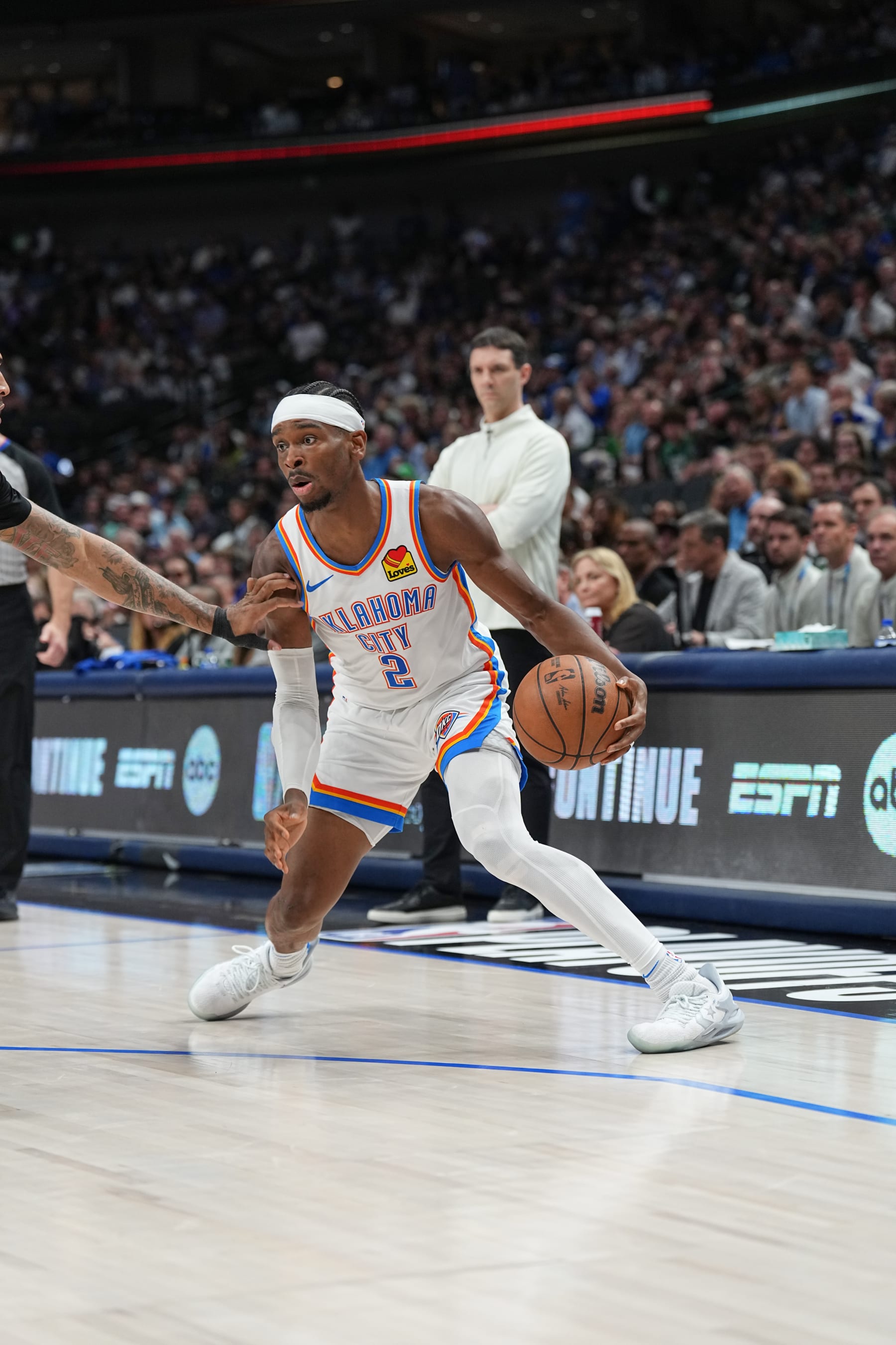 DALLAS, TX - MAY 18:  Shai Gilgeous-Alexander #2 of the Oklahoma City Thunder handles the ball during the game  against the Dallas Mavericks during Round 2 Game 6 of the 2024 NBA Playoffs  on May 18, 2024  at the American Airlines Center in Dallas, Texas. NOTE TO USER: User expressly acknowledges and agrees that, by downloading and or using this photograph, User is consenting to the terms and conditions of the Getty Images License Agreement. Mandatory Copyright Notice: Copyright 2024 NBAE (Photo by Glenn James/NBAE via Getty Images)