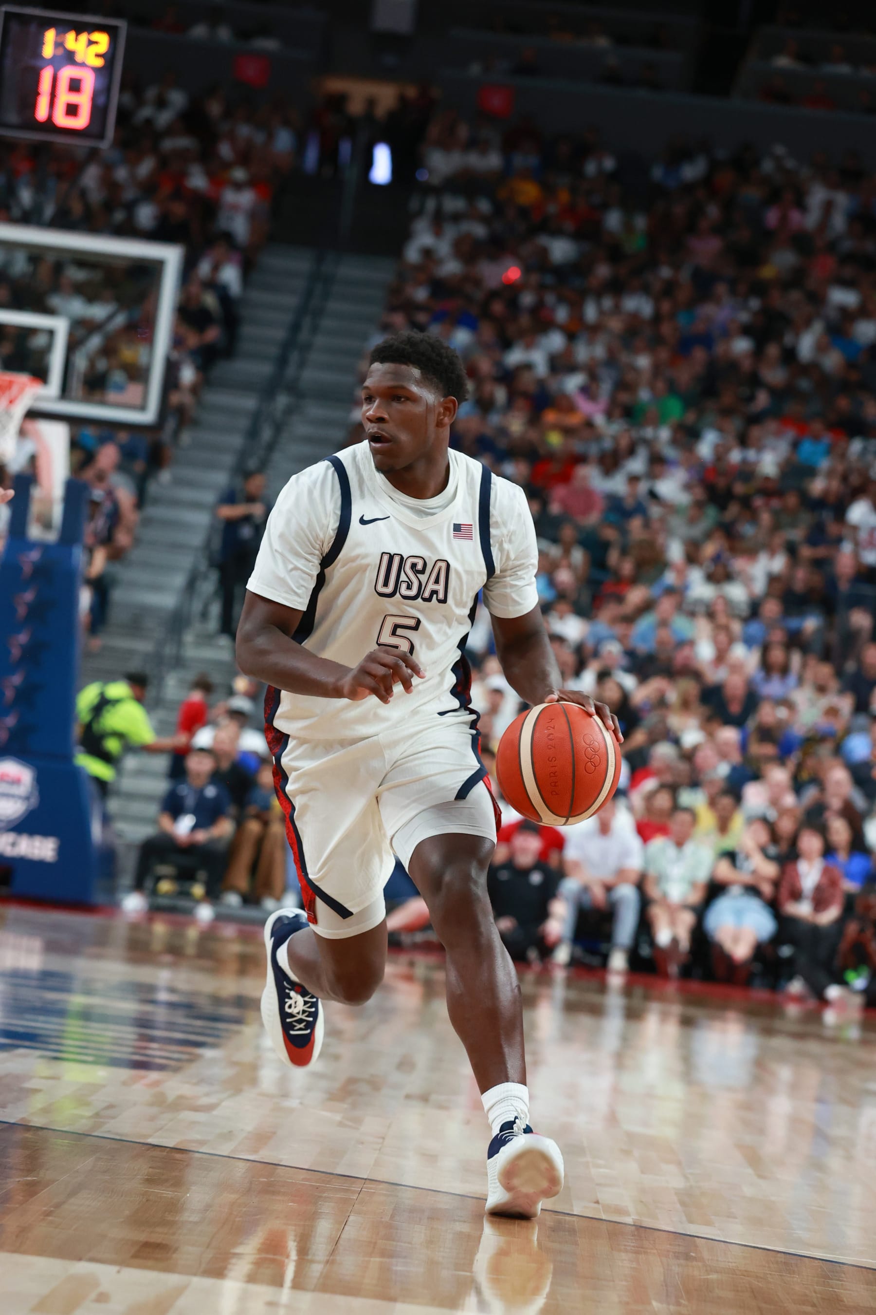 LAS VEGAS, NV - JULY 10:  Anthony Edwards #5 of Team USA goes to the basket during the game against Team Canada on July 10, 2024 at the T-Mobile Arena in Las Vegas, Nevada. NOTE TO USER: User expressly acknowledges and agrees that, by downloading and/or using this Photograph, user is consenting to the terms and conditions of the Getty Images License Agreement. Mandatory Copyright Notice: Copyright 2024 NBAE (Photo by Nathaniel S. Butler/NBAE via Getty Images)