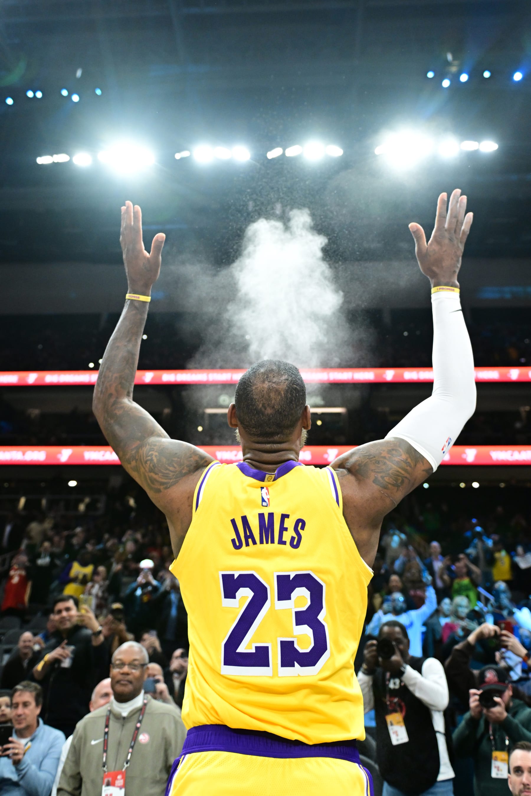 ATLANTA, GA - JANUARY 30: LeBron James #23 of the Los Angeles Lakers throws chalk before the game against the Atlanta Hawks on January 30, 2024 at State Farm Arena in Atlanta, Georgia.  NOTE TO USER: User expressly acknowledges and agrees that, by downloading and/or using this Photograph, user is consenting to the terms and conditions of the Getty Images License Agreement. Mandatory Copyright Notice: Copyright 2024 NBAE (Photo by Adam Hagy/NBAE via Getty Images)