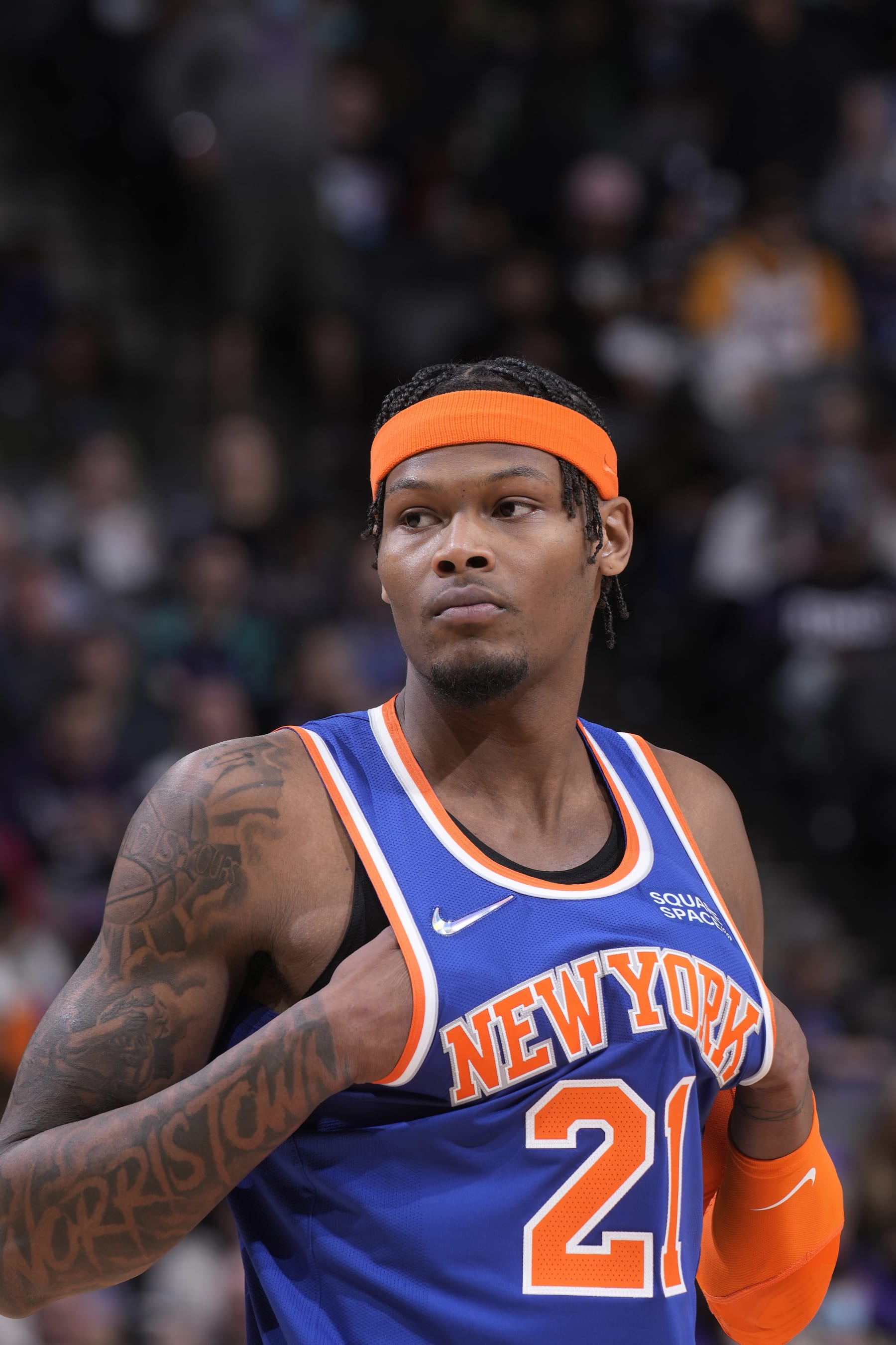 SACRAMENTO, CA - MARCH 7: Cam Reddish #21 of the New York Knicks looks on during the game against the Sacramento Kings on March 7, 2022 at Golden 1 Center in Sacramento, California. NOTE TO USER: User expressly acknowledges and agrees that, by downloading and or using this photograph, User is consenting to the terms and conditions of the Getty Images Agreement. Mandatory Copyright Notice: Copyright 2022 NBAE (Photo by Rocky Widner/NBAE via Getty Images)