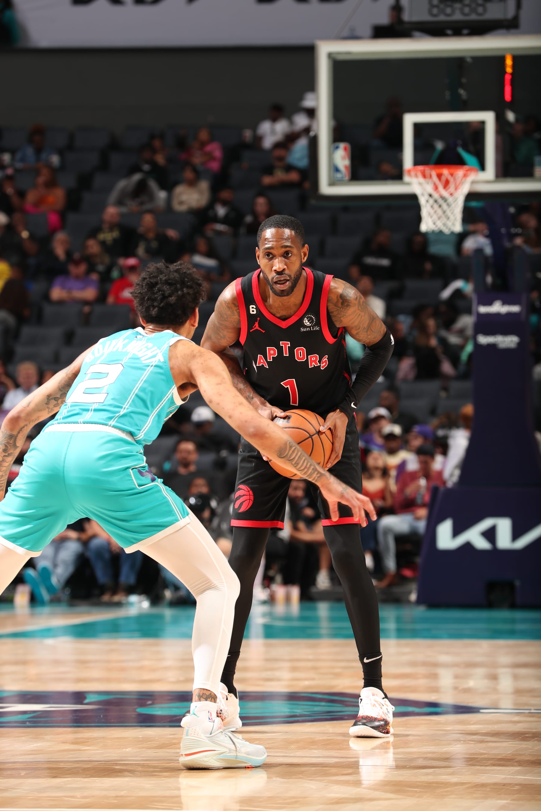 CHARLOTTE, NC - APRIL 4: Will Barton #1 of the Toronto Raptors handles the ball during the game   on April 4, 2023 at Spectrum Center in Charlotte, North Carolina. NOTE TO USER: User expressly acknowledges and agrees that, by downloading and or using this photograph, User is consenting to the terms and conditions of the Getty Images License Agreement. Mandatory Copyright Notice: Copyright 2023 NBAE (Photo by Kent Smith/NBAE via Getty Images)