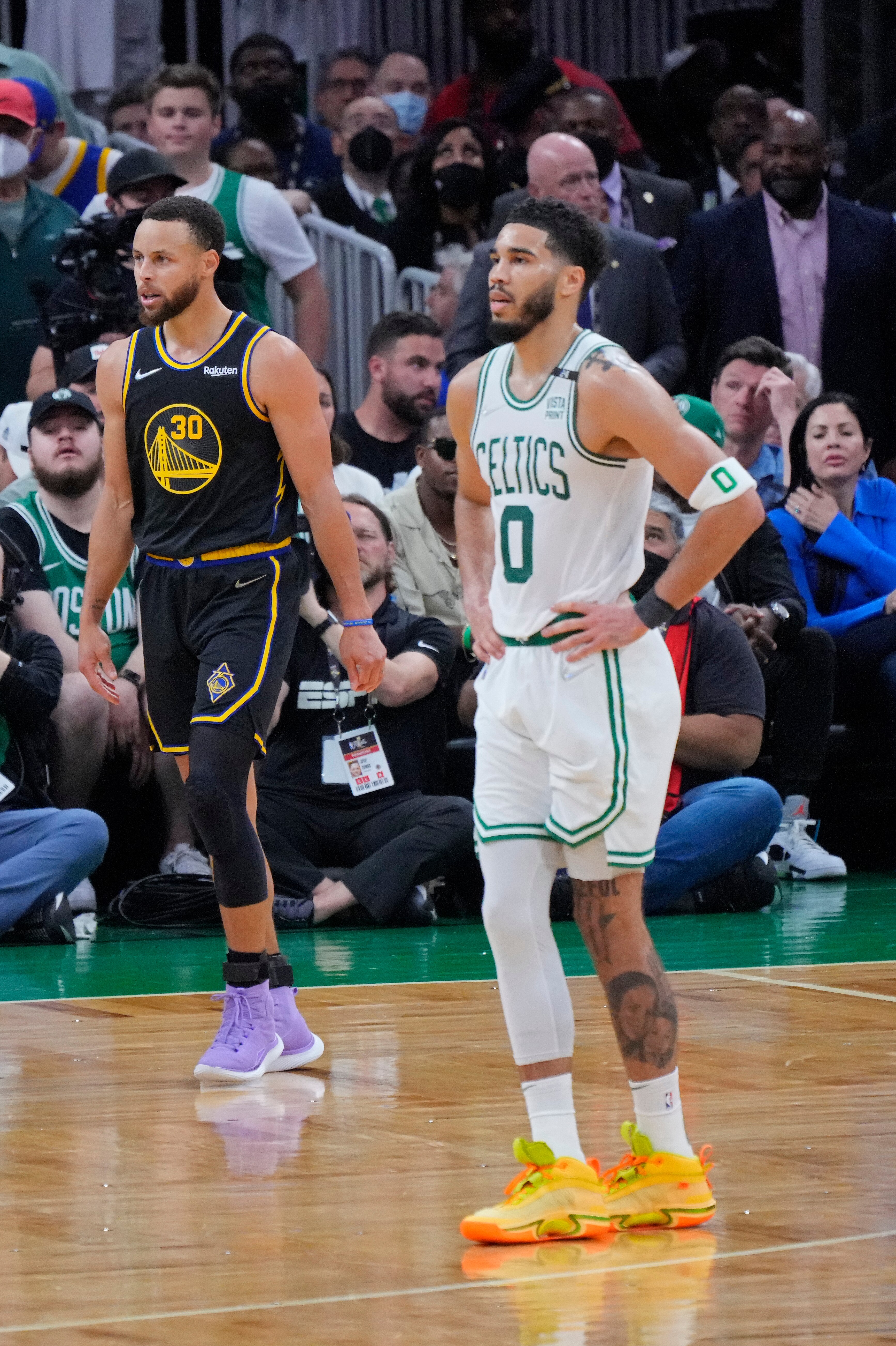 BOSTON, MA - JUNE 10: Stephen Curry #30 of the Golden State Warriors and Jayson Tatum #0 of the Boston Celtics stand on the court during Game Four of the 2022 NBA Finals on June 10, 2022 at TD Garden in Boston, Massachusetts. NOTE TO USER: User expressly acknowledges and agrees that, by downloading and or using this photograph, user is consenting to the terms and conditions of Getty Images License Agreement. Mandatory Copyright Notice: Copyright 2022 NBAE (Photo by Mark Blinch/NBAE via Getty Images)