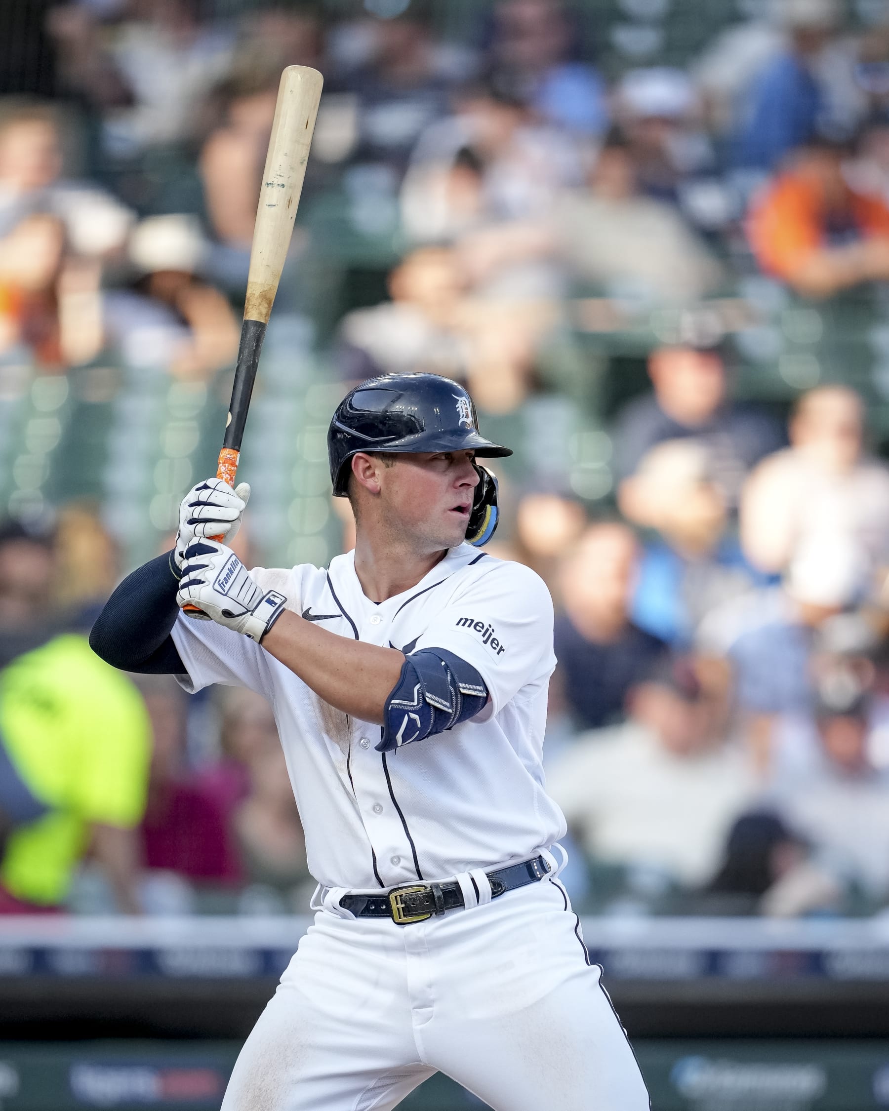 DETROIT, MICHIGAN - MAY 30: Spencer Torkelson #20 of the Detroit Tigers at bat against the Texas Rangers at Comerica Park on May 30, 2023 in Detroit, Michigan. (Photo by Nic Antaya/Getty Images)