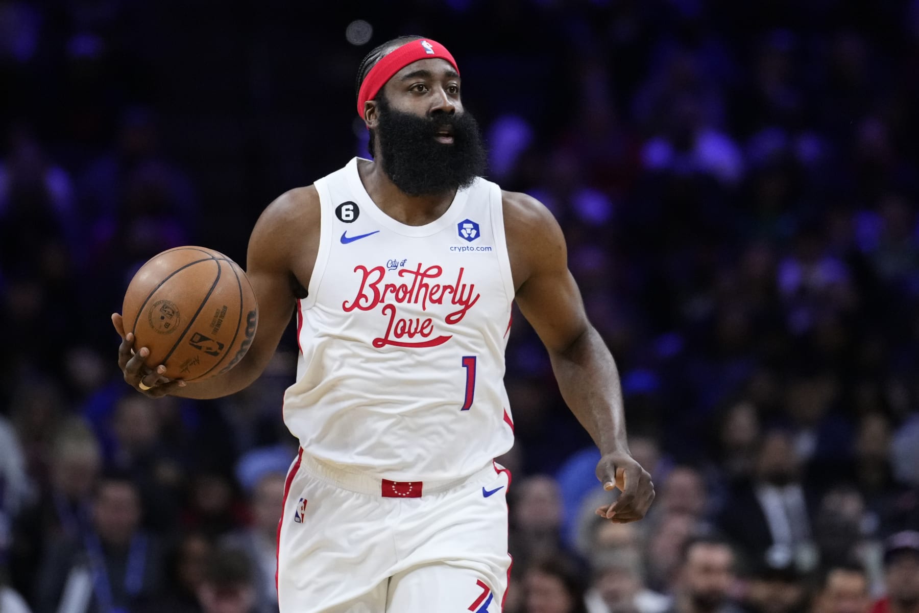 Philadelphia 76ers' James Harden plays during an NBA basketball game, Saturday, Feb. 25, 2023, in Philadelphia. (AP Photo/Matt Slocum)