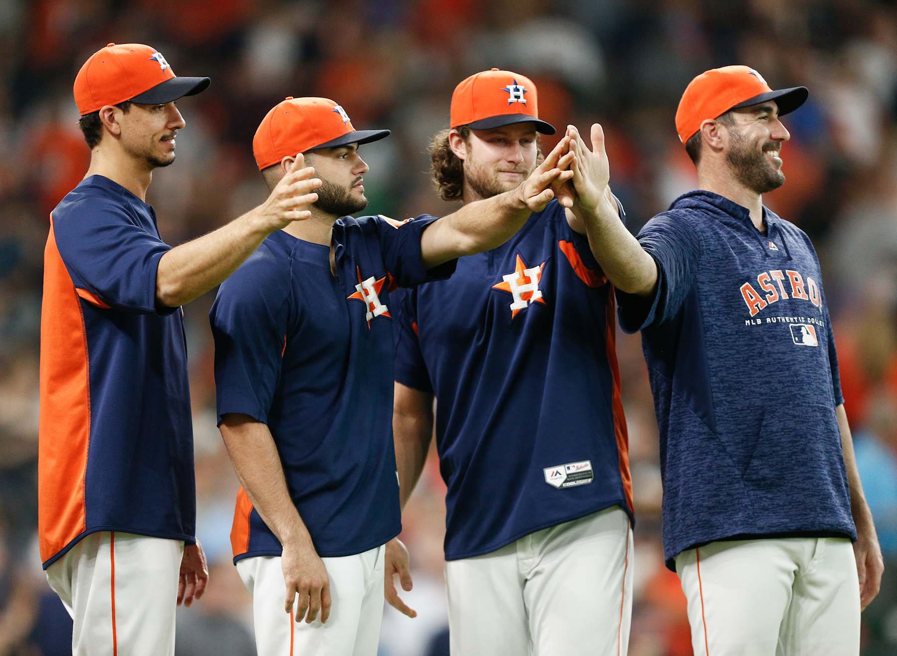 HOUSTON, TX - JULY 08:  (L-R) Charlie Morton #50 of the Houston Astros, Lance McCullers Jr. #43, Gerrit Cole #45 and Justin Verlander #35 wait to celebrate with the team after defeating the Chicago White Sox 2-1 at Minute Maid Park on July 8, 2018 in Houston, Texas.  (Photo by Bob Levey/Getty Images)